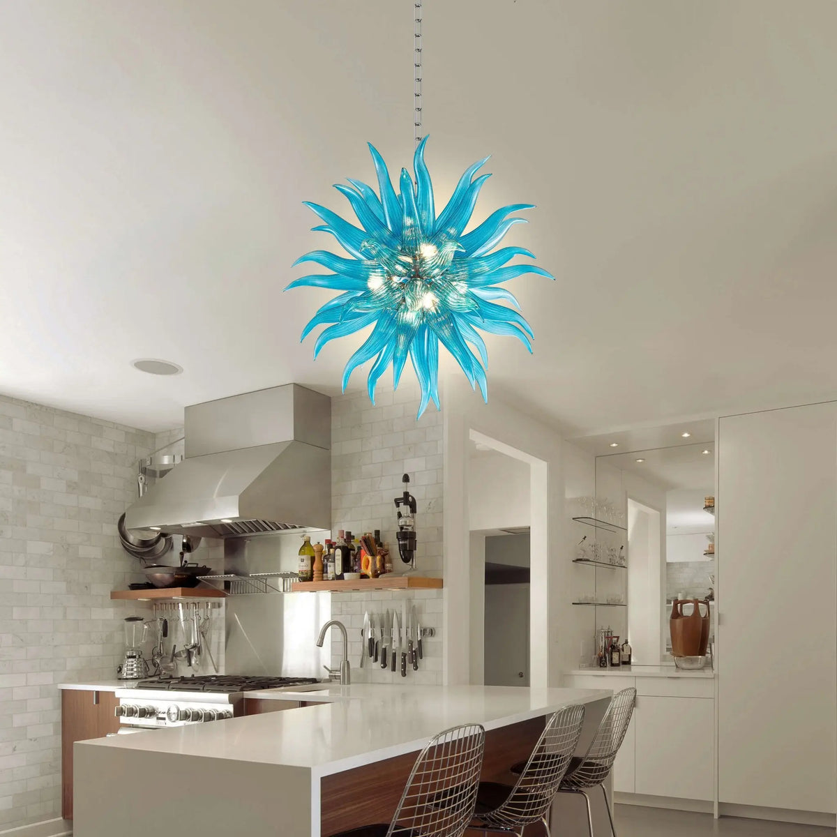 Modern Sputnik Starburst Hand-Blown Glass Chandelier Blue Artisan Sculptural Pendant Light