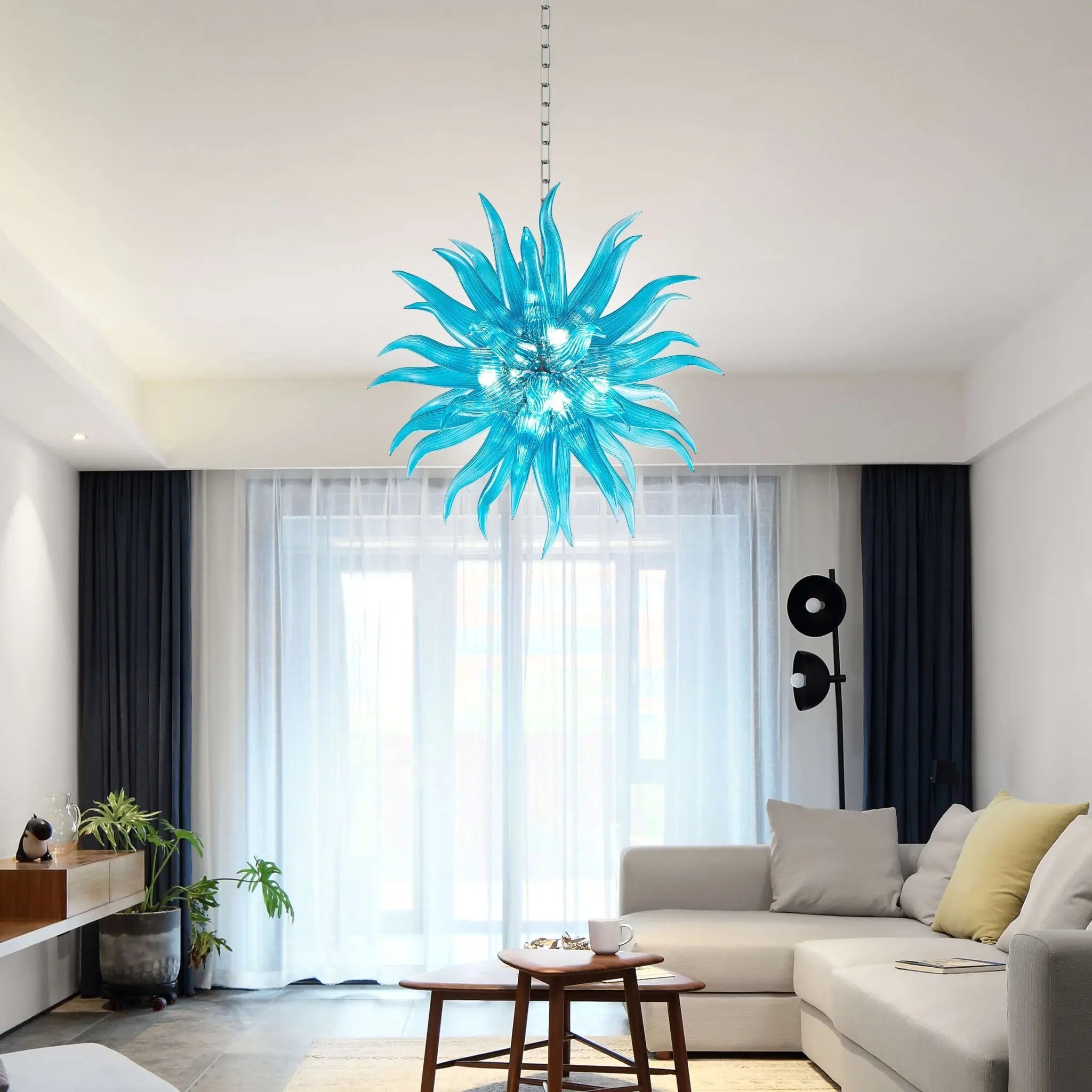Modern Sputnik Starburst Hand-Blown Glass Chandelier Blue Artisan Sculptural Pendant Light