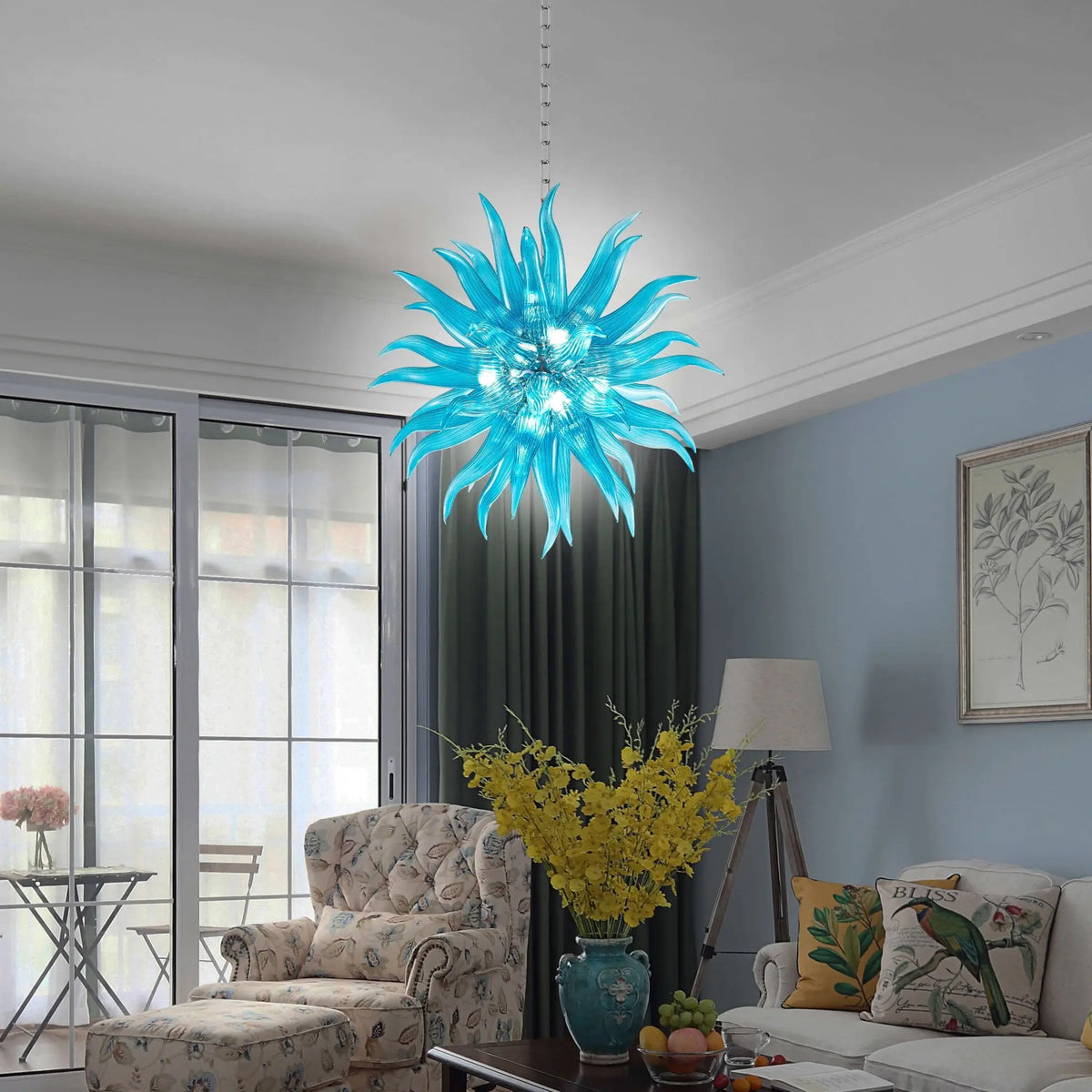 Modern Sputnik Starburst Hand-Blown Glass Chandelier Blue Artisan Sculptural Pendant Light