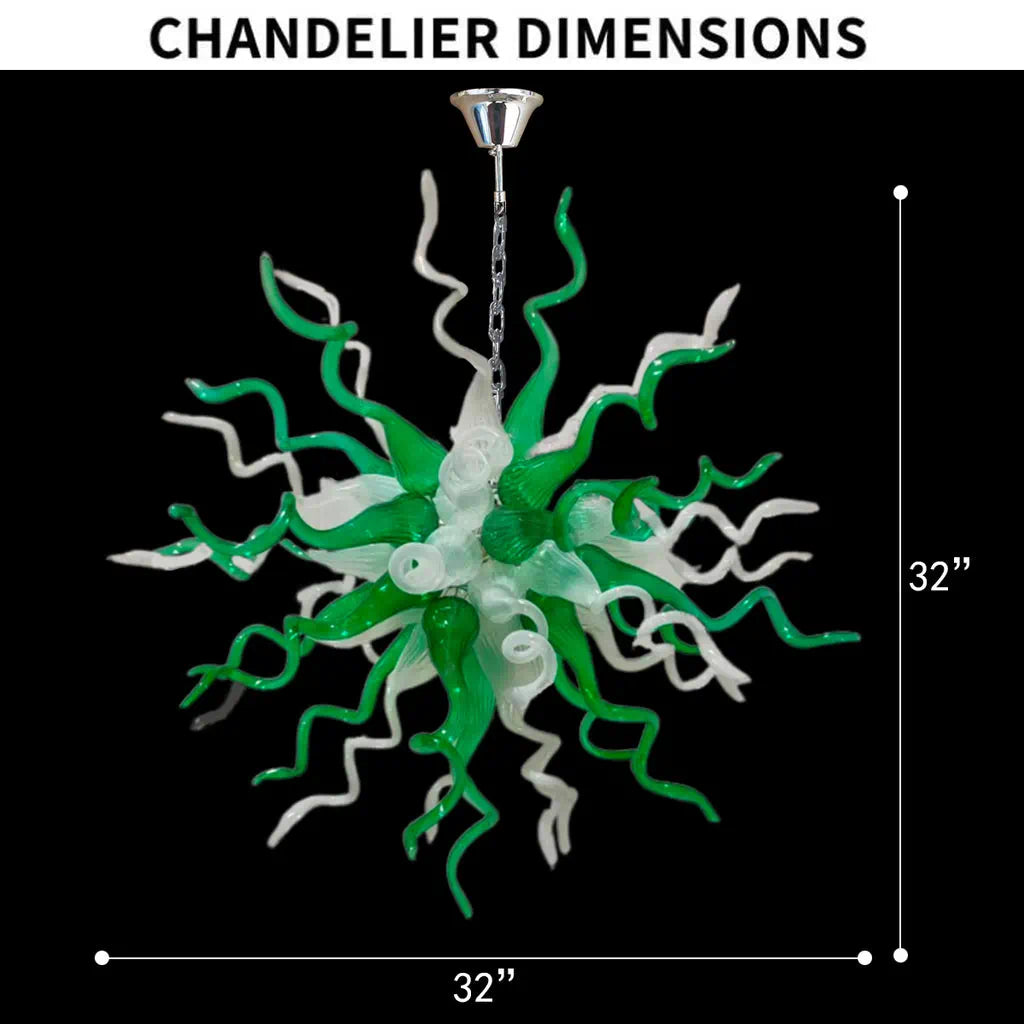 Emerald Forest Artisan Blown Glass Chandelier Green & White Sculptural Starburst Pendant Light