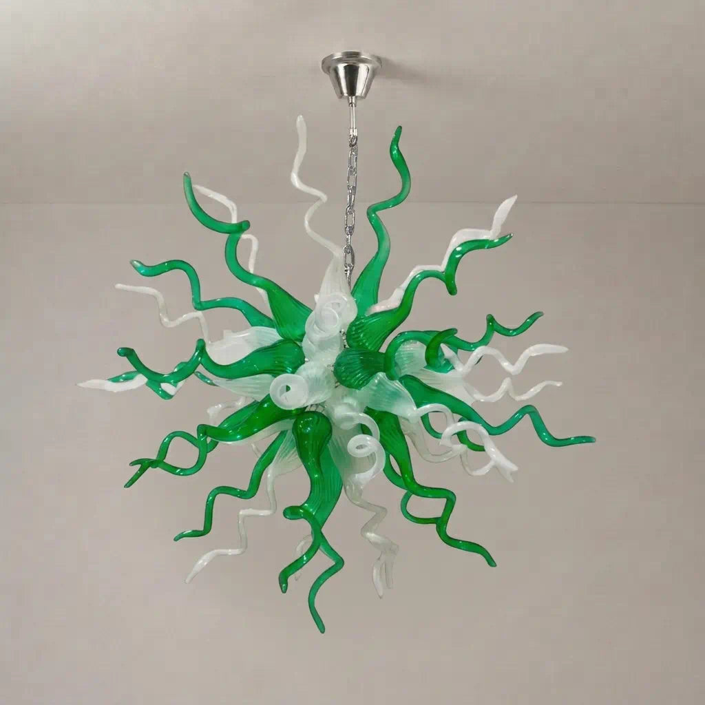 Emerald Forest Artisan Blown Glass Chandelier Green & White Sculptural Starburst Pendant Light
