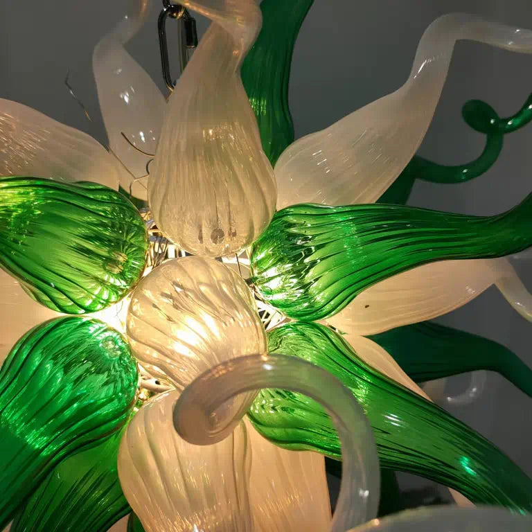 Emerald Forest Artisan Blown Glass Chandelier Green & White Sculptural Starburst Pendant Light