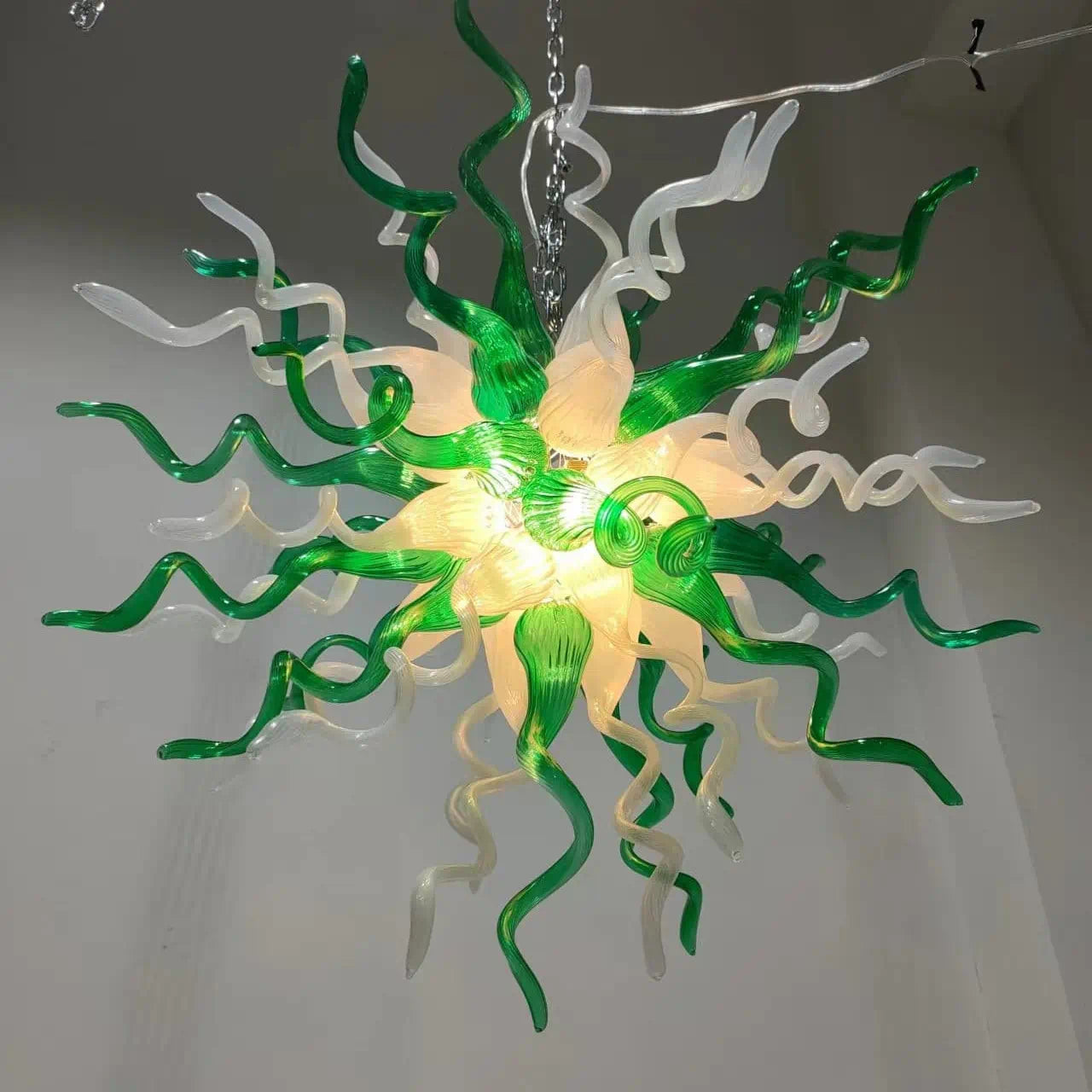 Emerald Forest Artisan Blown Glass Chandelier Green & White Sculptural Starburst Pendant Light