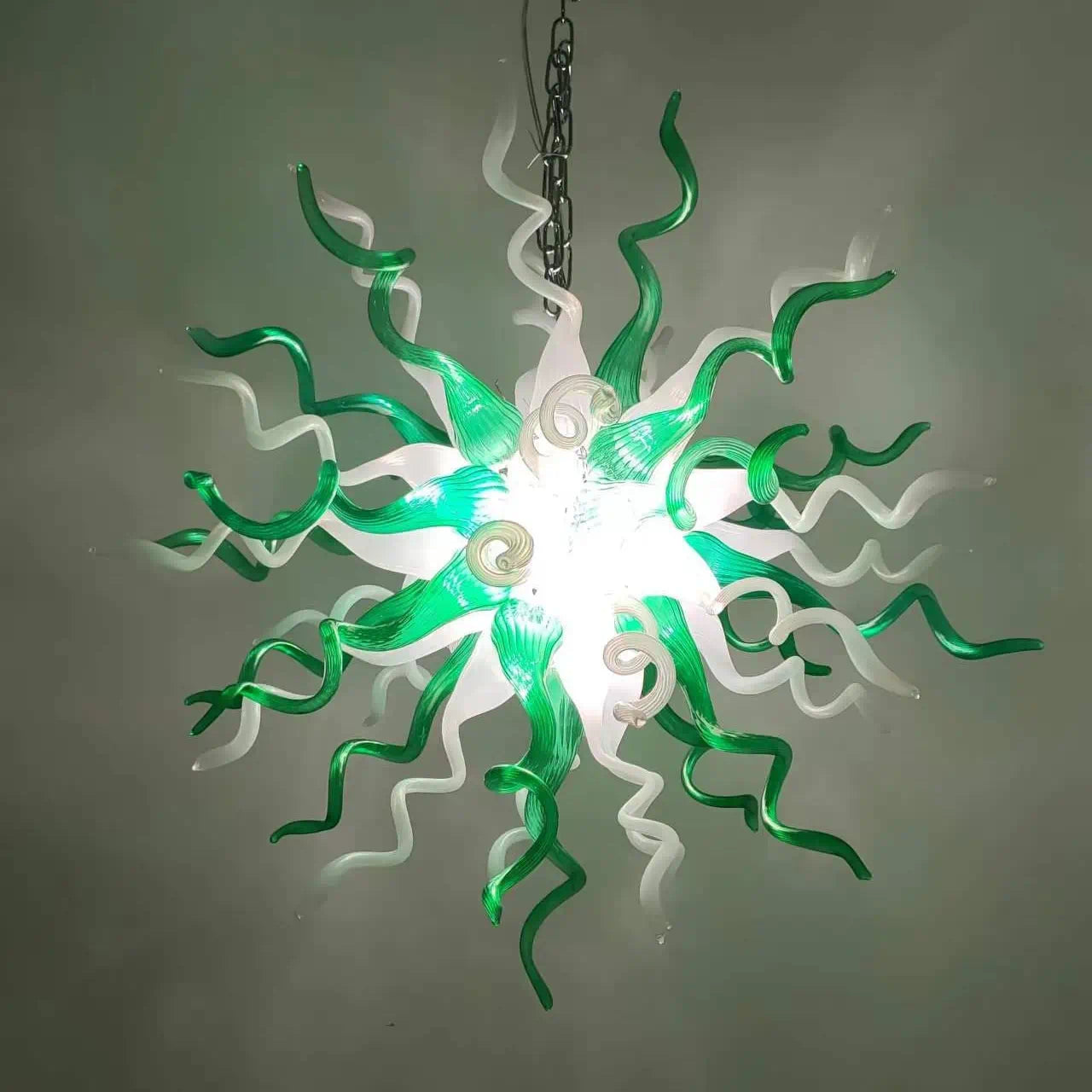 Emerald Forest Artisan Blown Glass Chandelier Green & White Sculptural Starburst Pendant Light