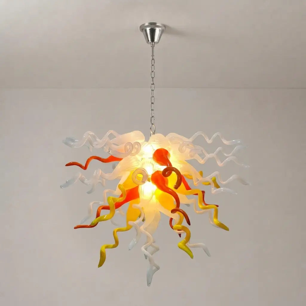 Yellow Orange White Hand-Blown Art Glass Chandelier Chihuly-Style Sunset Glow Pendant Light