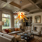 Yellow Orange White Hand-Blown Art Glass Chandelier Chihuly-Style Sunset Glow Pendant Light