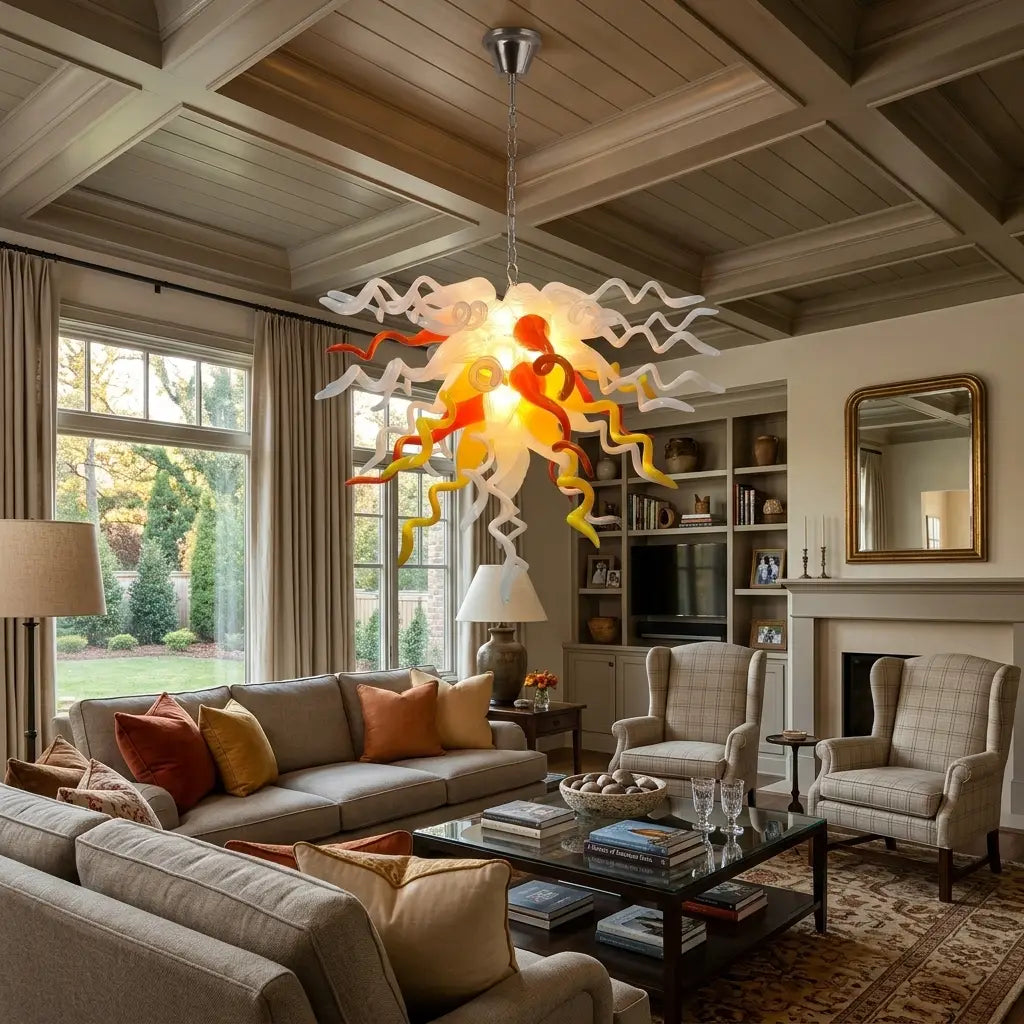 Yellow Orange White Hand-Blown Art Glass Chandelier Chihuly-Style Sunset Glow Pendant Light