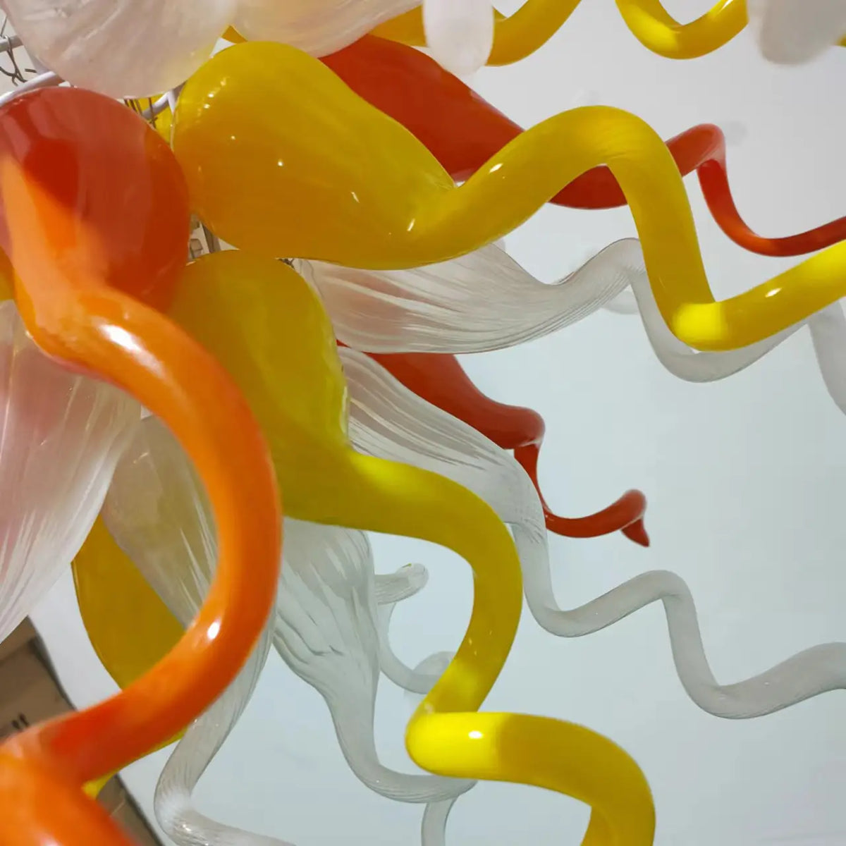 Yellow Orange White Hand-Blown Art Glass Chandelier Chihuly-Style Sunset Glow Pendant Light