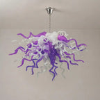 Elegant Purple and White Blown Spiraled Glass Chandelier Chihuly-Style Violet Mist Art Pendant Light