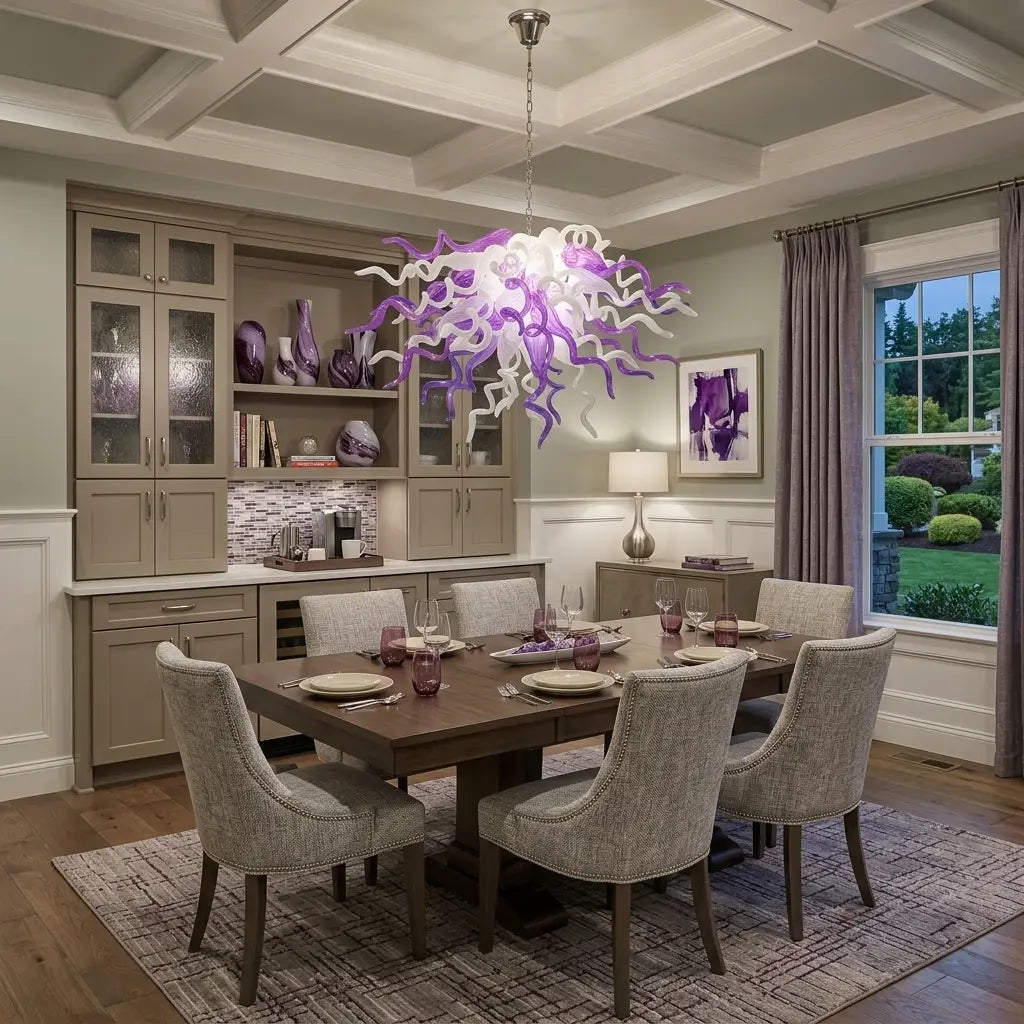 Elegant Purple and White Blown Spiraled Glass Chandelier Chihuly-Style Violet Mist Art Pendant Light