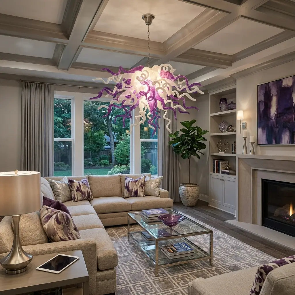 Elegant Purple and White Blown Spiraled Glass Chandelier Chihuly-Style Violet Mist Art Pendant Light