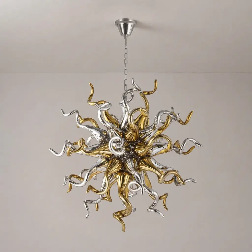 Sputnik Starburst Shape Blown Glass Chandelier Electroplating Golden and Silver Pendant Light