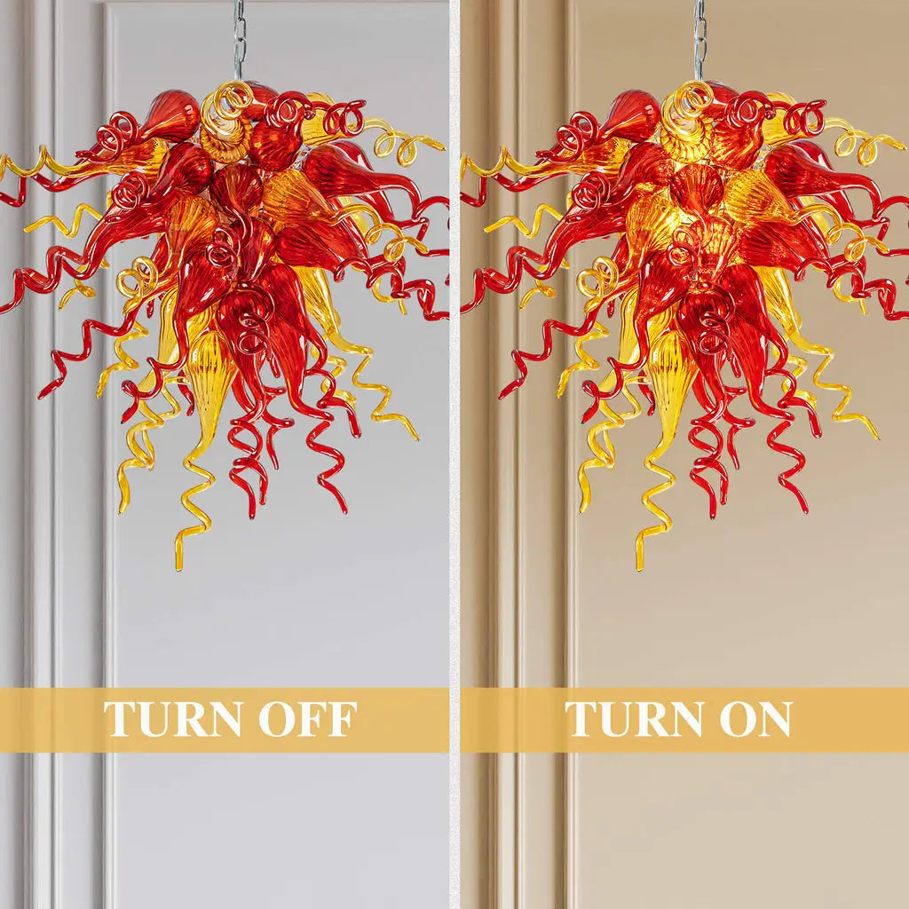 Sun Flare Hand Blown Glass Art Chandelier Red and Amber Artisan Coils Sculptural Pendant Light for Modern Interiors