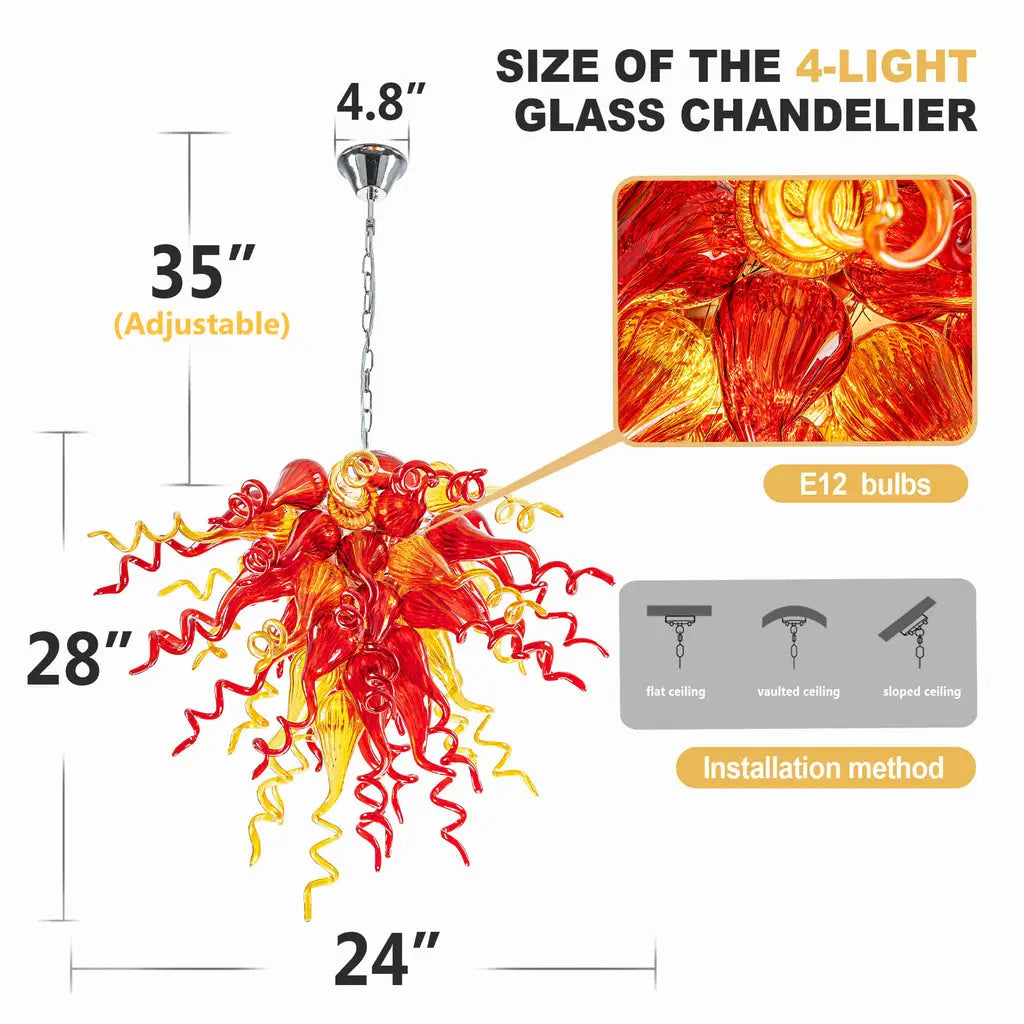 Sun Flare Hand Blown Glass Art Chandelier Red and Amber Artisan Coils Sculptural Pendant Light for Modern Interiors