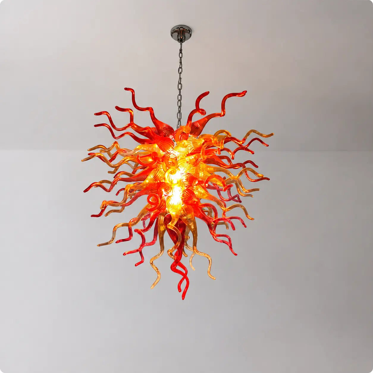Sun Flare Blown Glass Tendril Chandelier Chihuly-Style Red & Amber Flame Glass Pendant Light