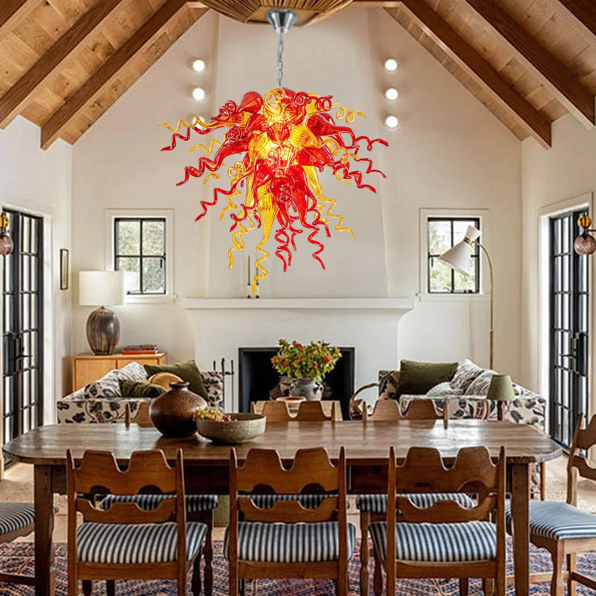 Sun Flare Hand Blown Glass Art Chandelier Red and Amber Artisan Coils Sculptural Pendant Light for Modern Interiors