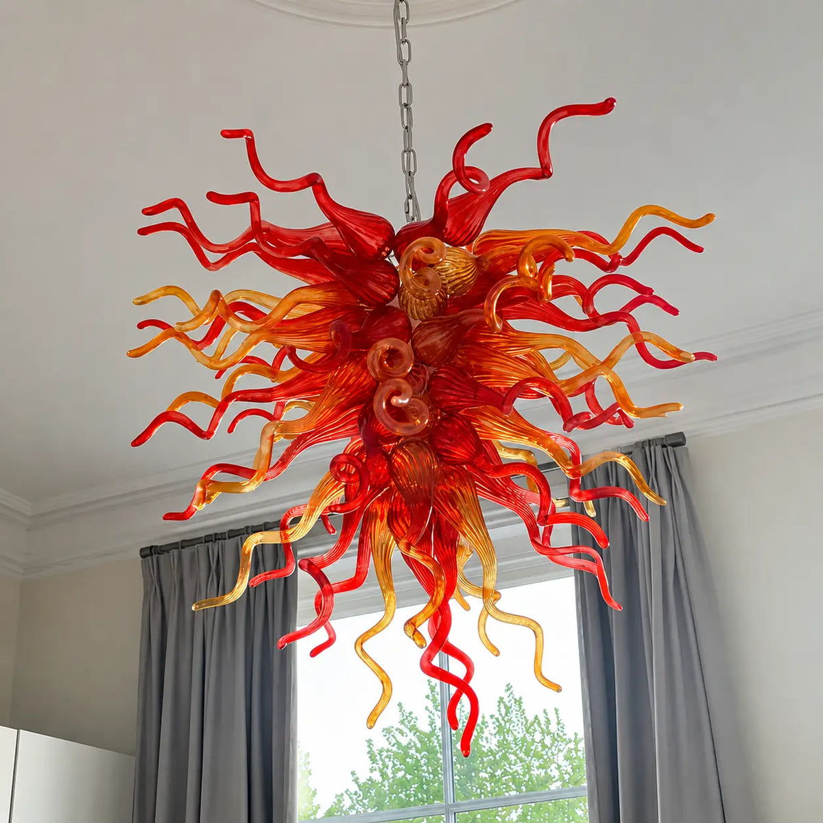 Sun Flare Blown Glass Tendril Chandelier Chihuly-Style Red & Amber Flame Glass Pendant Light