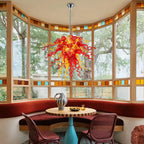 Sun Flare Hand Blown Glass Art Chandelier Red and Amber Artisan Coils Sculptural Pendant Light for Modern Interiors