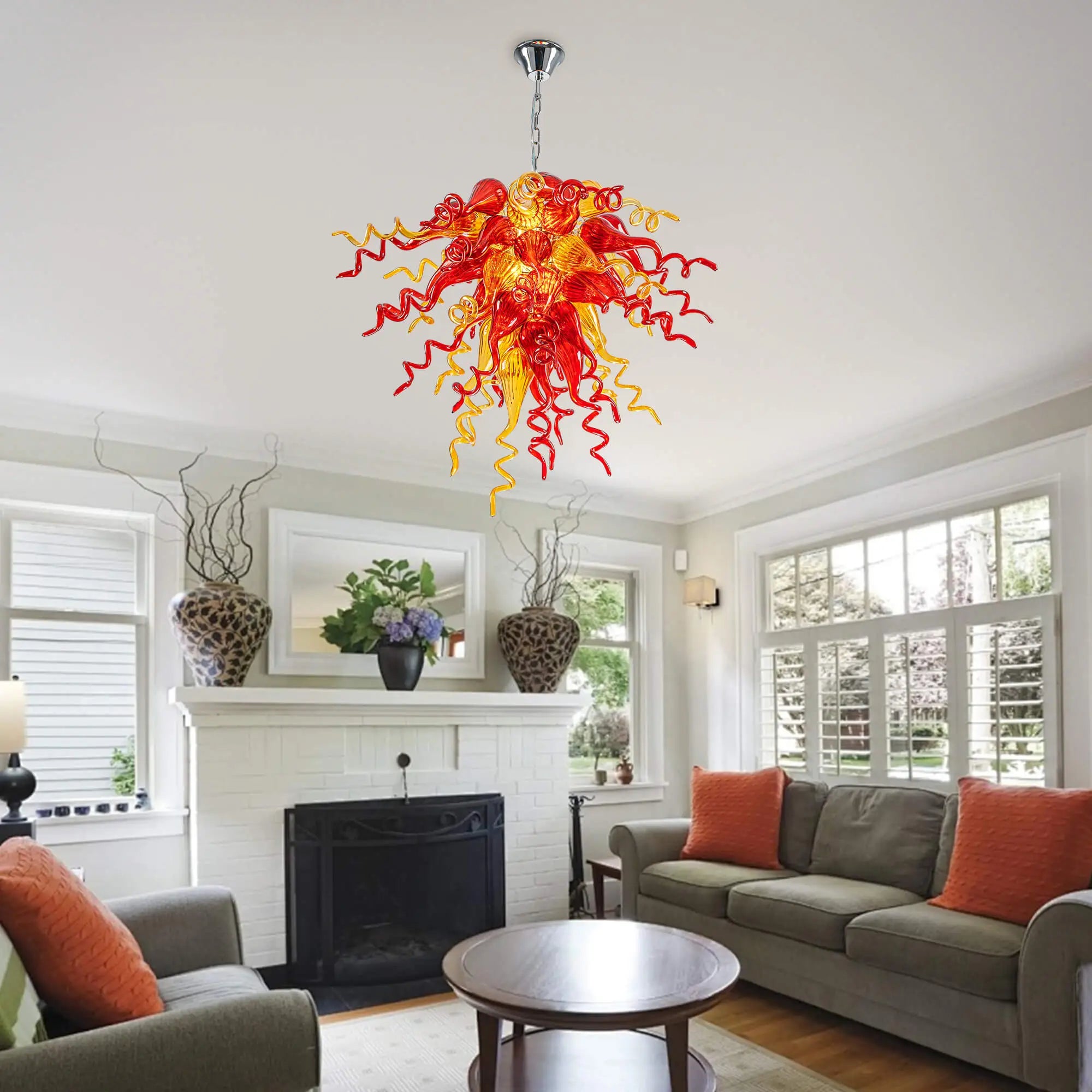 Sun Flare Hand Blown Glass Art Chandelier Red and Amber Artisan Coils Sculptural Pendant Light for Modern Interiors