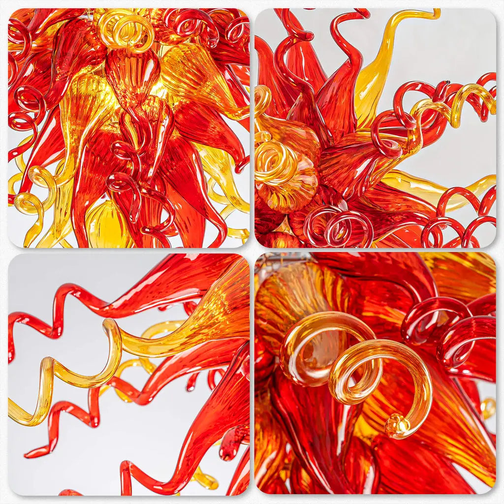 Sun Flare Hand Blown Glass Art Chandelier Red and Amber Artisan Coils Sculptural Pendant Light for Modern Interiors