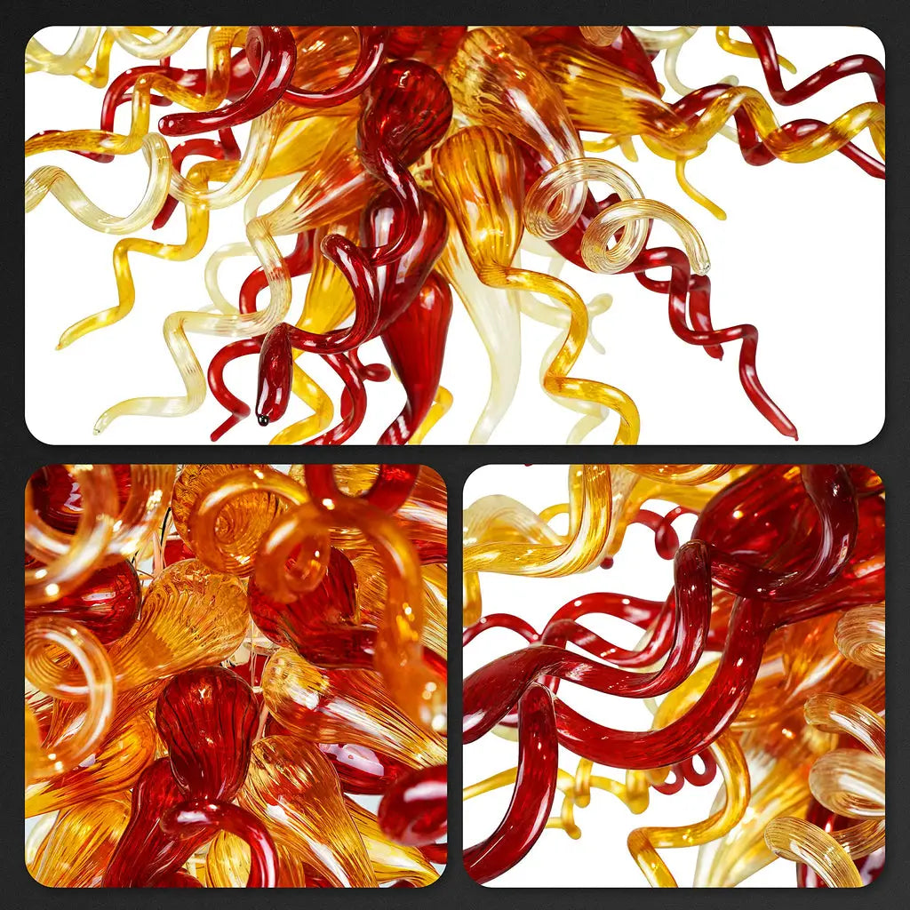 Hand-Blown Glass Artisan Chandelier in Amber and Red Irregular Curls Organic Glass Sculpture Lamp