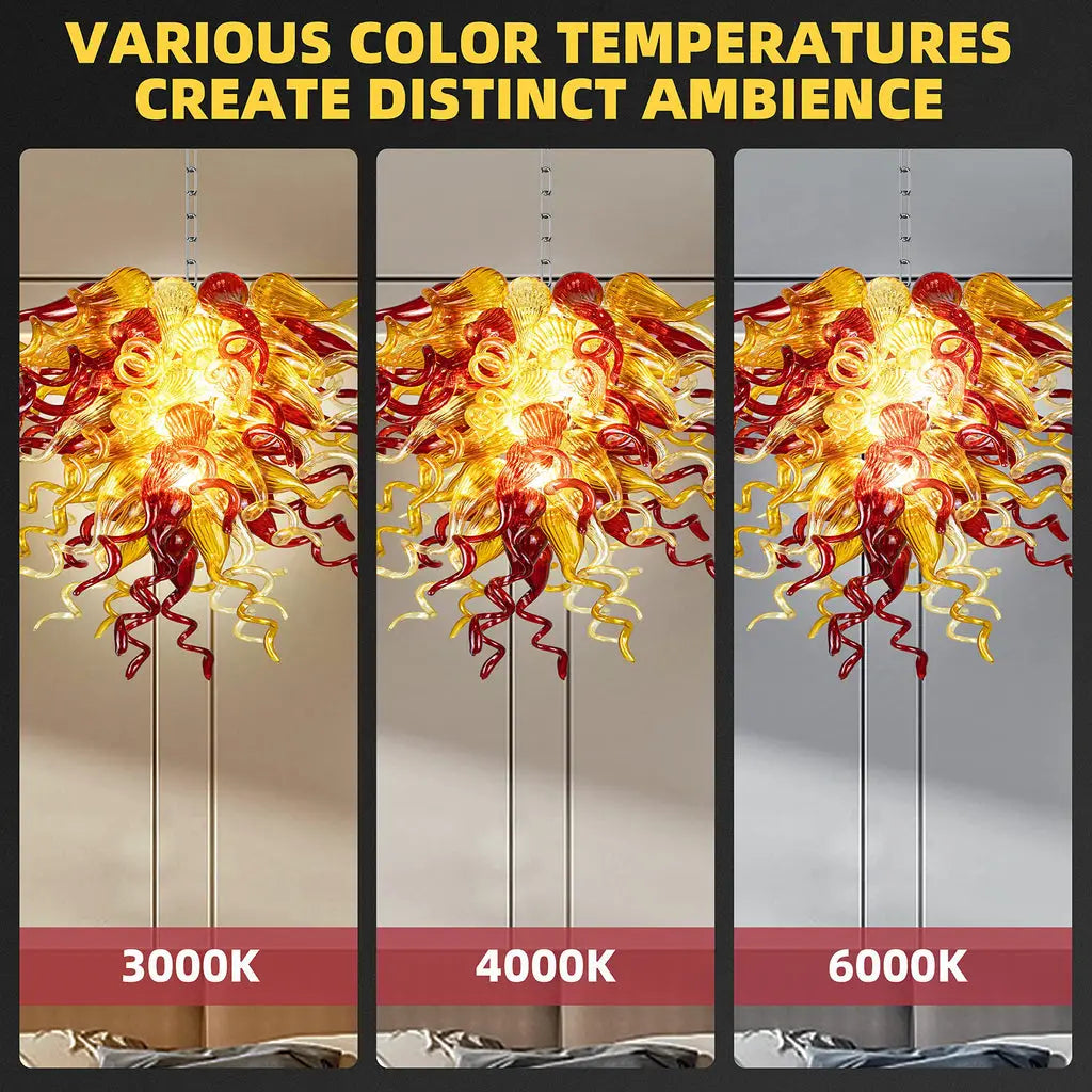 Hand-Blown Glass Artisan Chandelier in Amber and Red Irregular Curls Organic Glass Sculpture Lamp