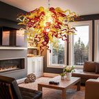 Hand-Blown Glass Artisan Chandelier in Amber and Red Irregular Curls Organic Glass Sculpture Lamp