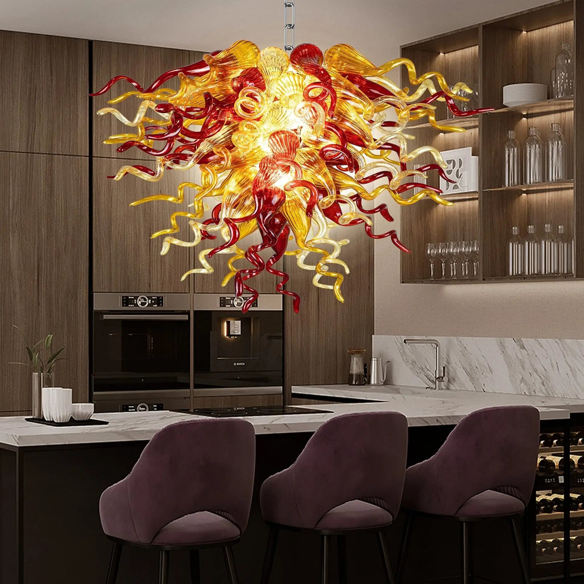 Hand-Blown Glass Artisan Chandelier in Amber and Red Irregular Curls Organic Glass Sculpture Lamp