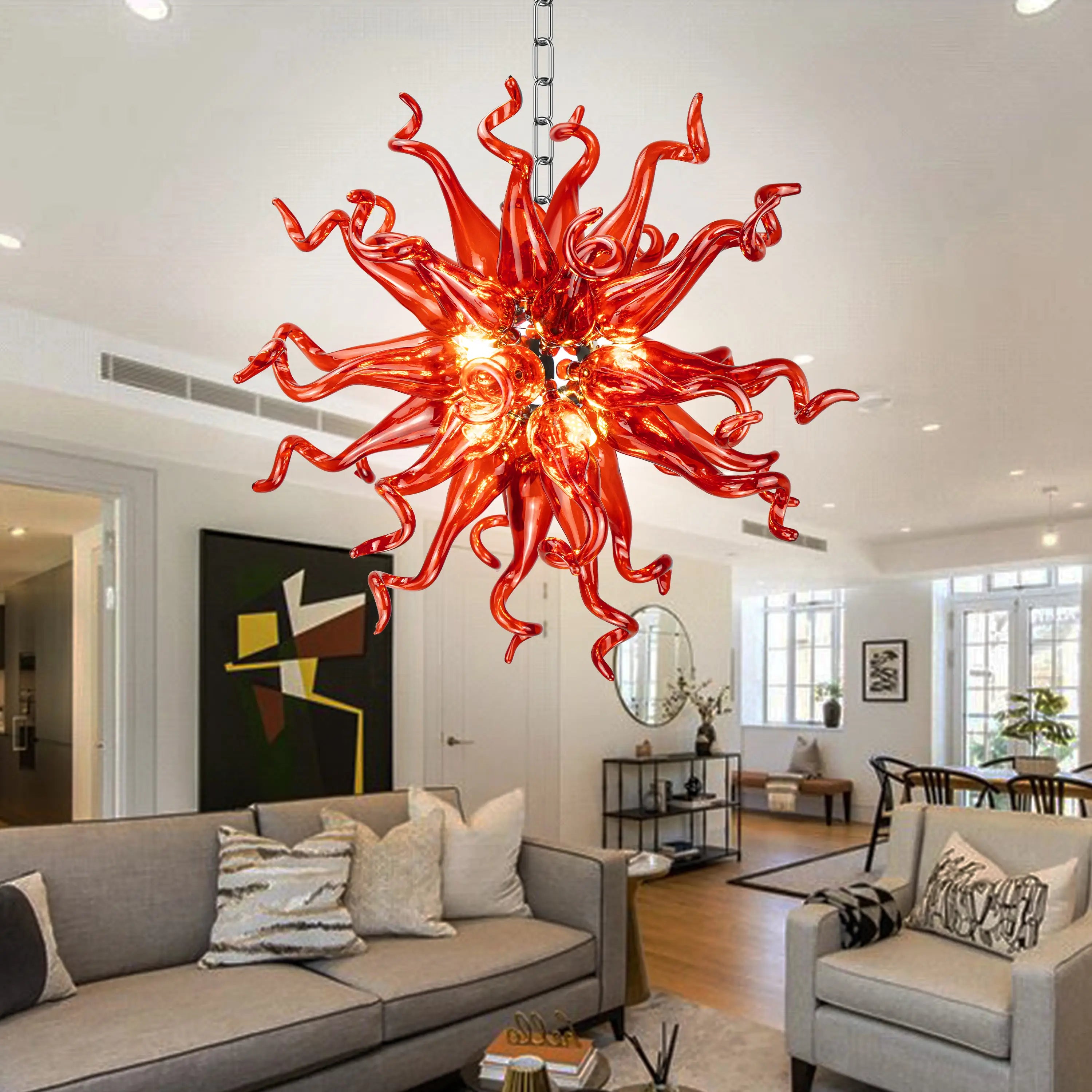Modern Ruby Red Hand-Blown Glass Art Chandelier Hanging Glass Sculpture Pendant Light