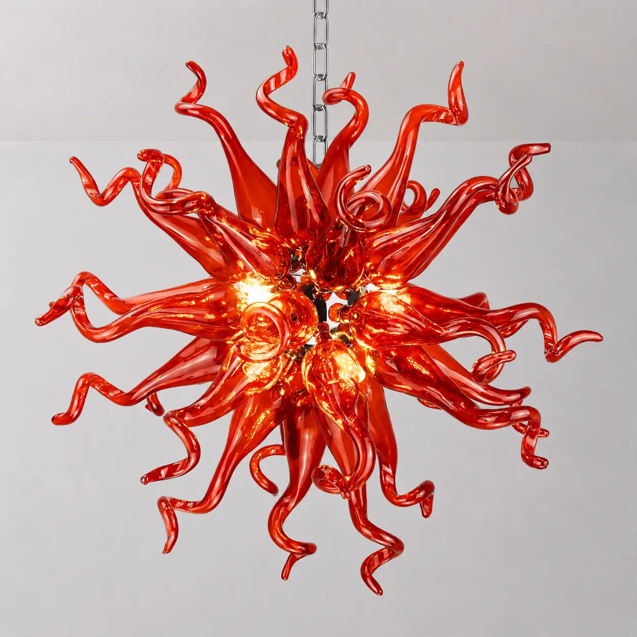 Modern Ruby Red Hand-Blown Glass Art Chandelier Hanging Glass Sculpture Pendant Light