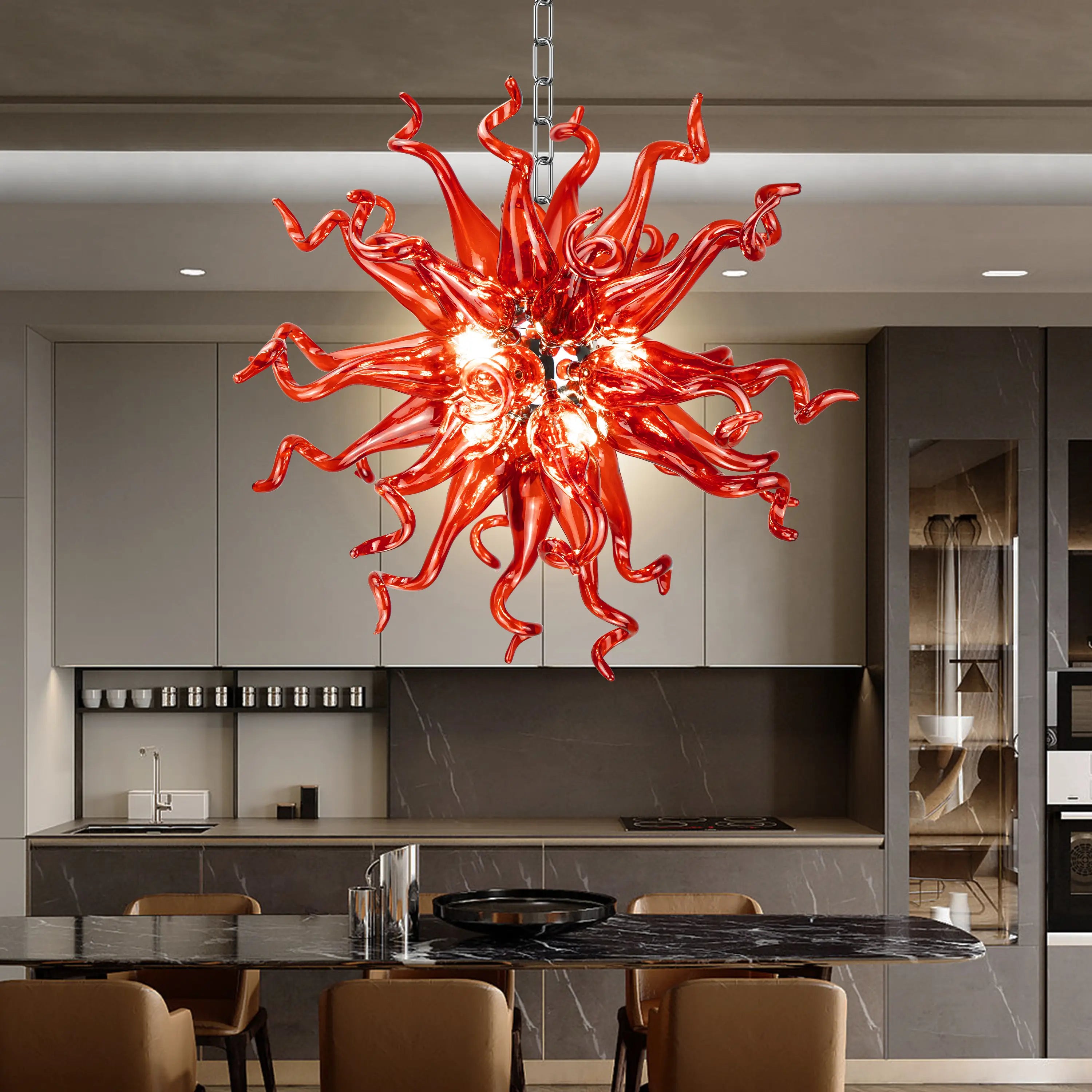 Modern Ruby Red Hand-Blown Glass Art Chandelier Hanging Glass Sculpture Pendant Light