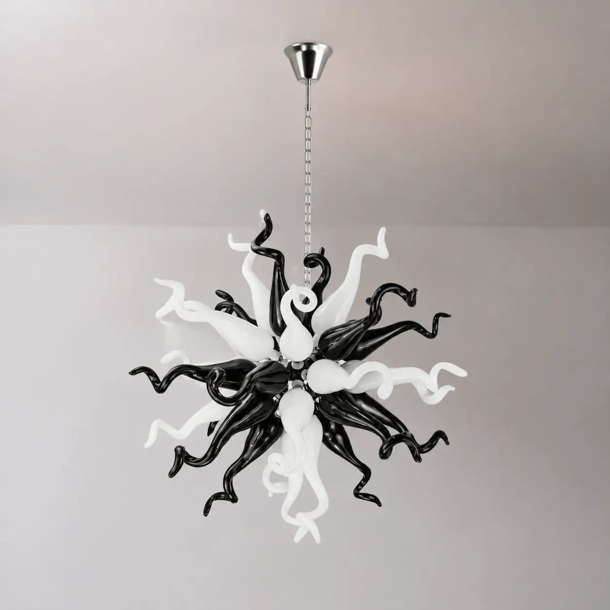 Black White Starburst Hand-Blown Glass Chandelier Small Sculptural Art Pendant Light