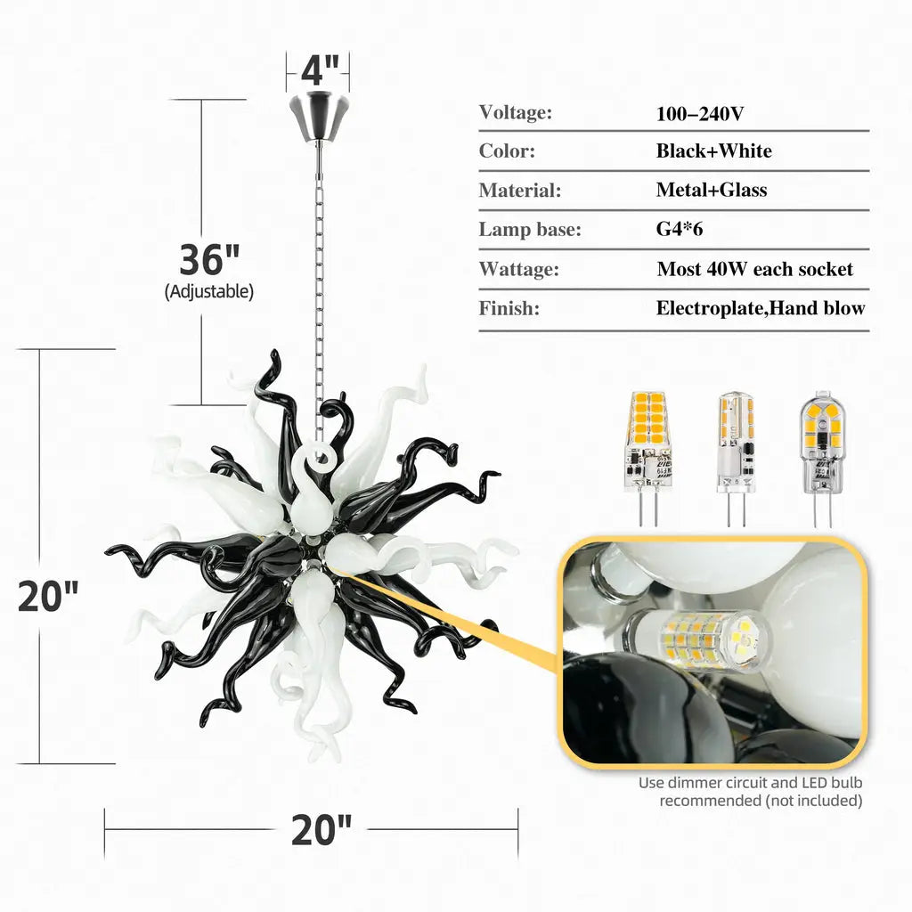 Black White Starburst Hand-Blown Glass Chandelier Small Sculptural Art Pendant Light