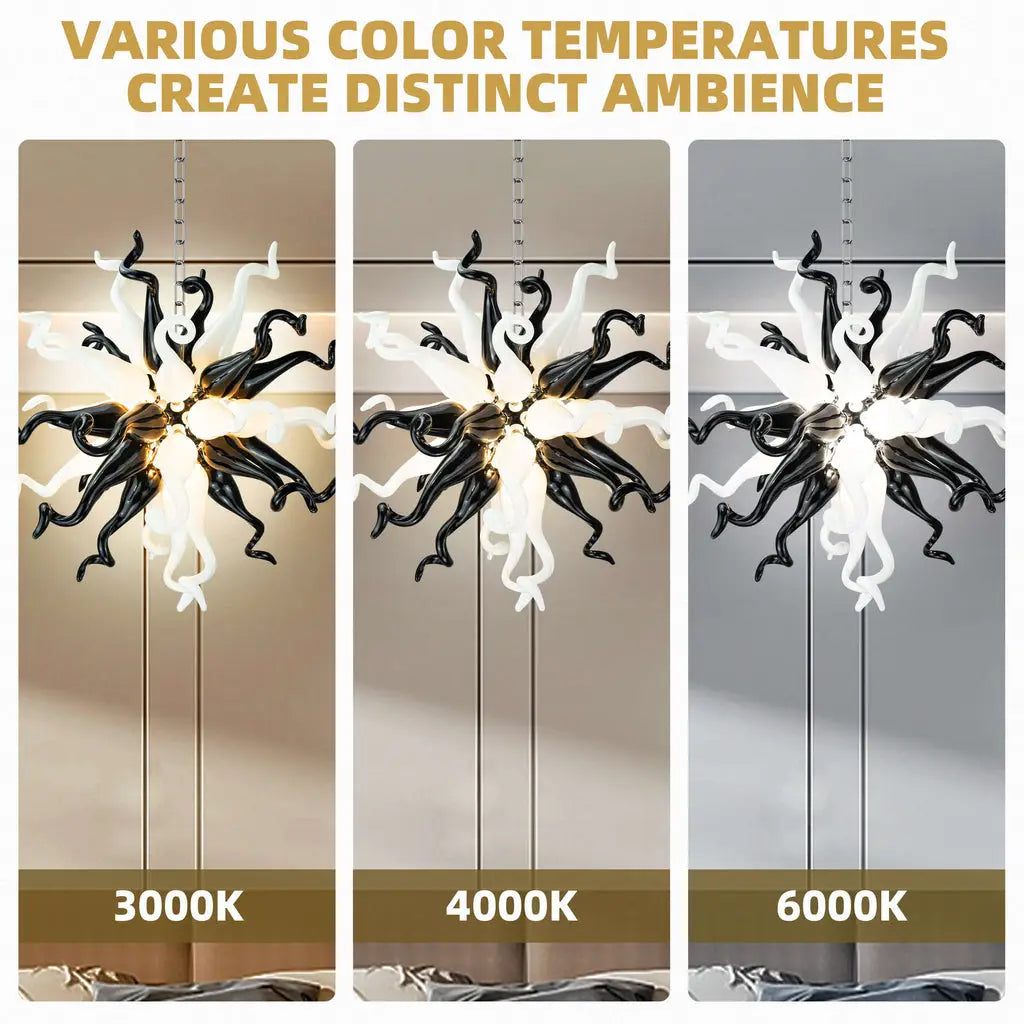 Black White Starburst Hand-Blown Glass Chandelier Small Sculptural Art Pendant Light
