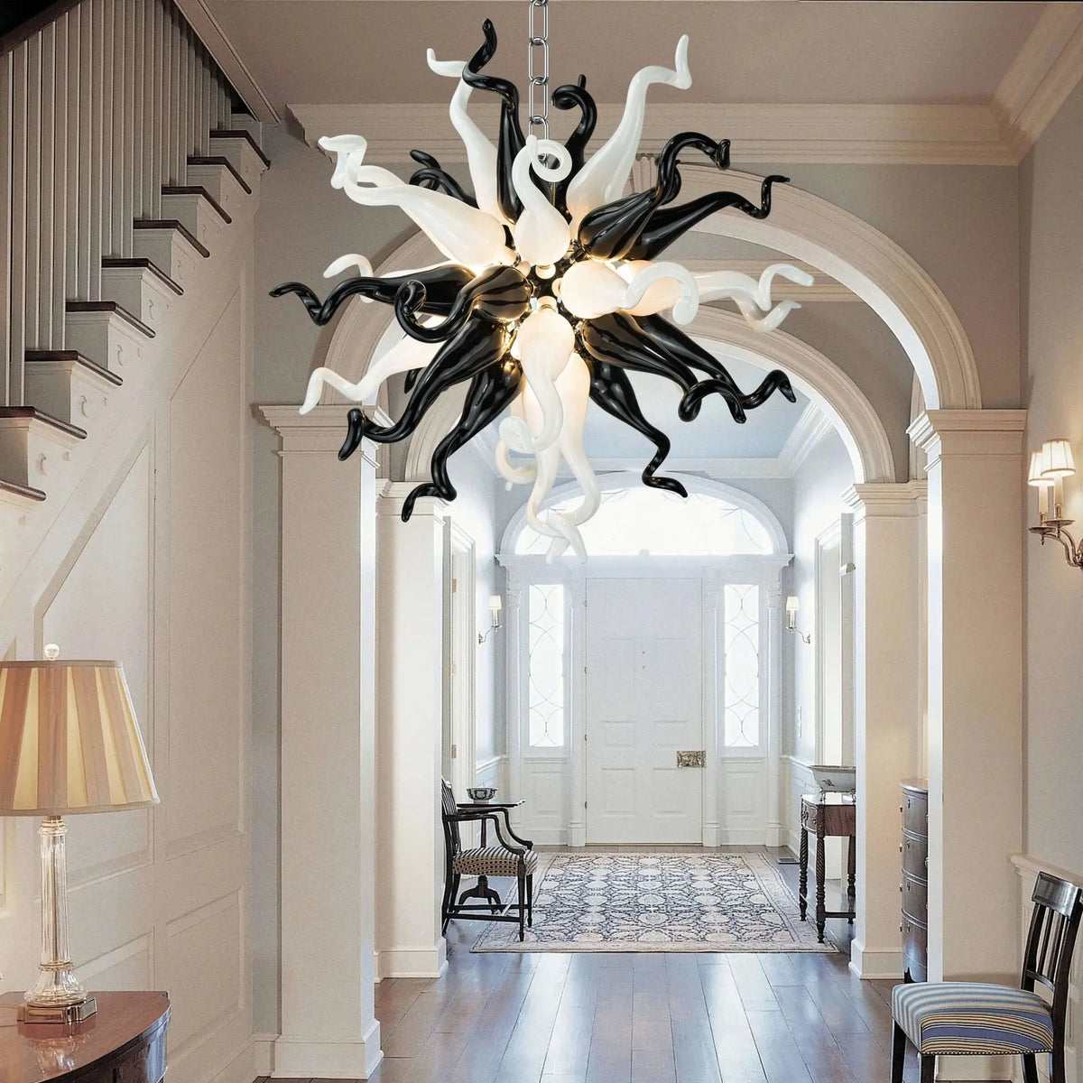 Black White Starburst Hand-Blown Glass Chandelier Small Sculptural Art Pendant Light