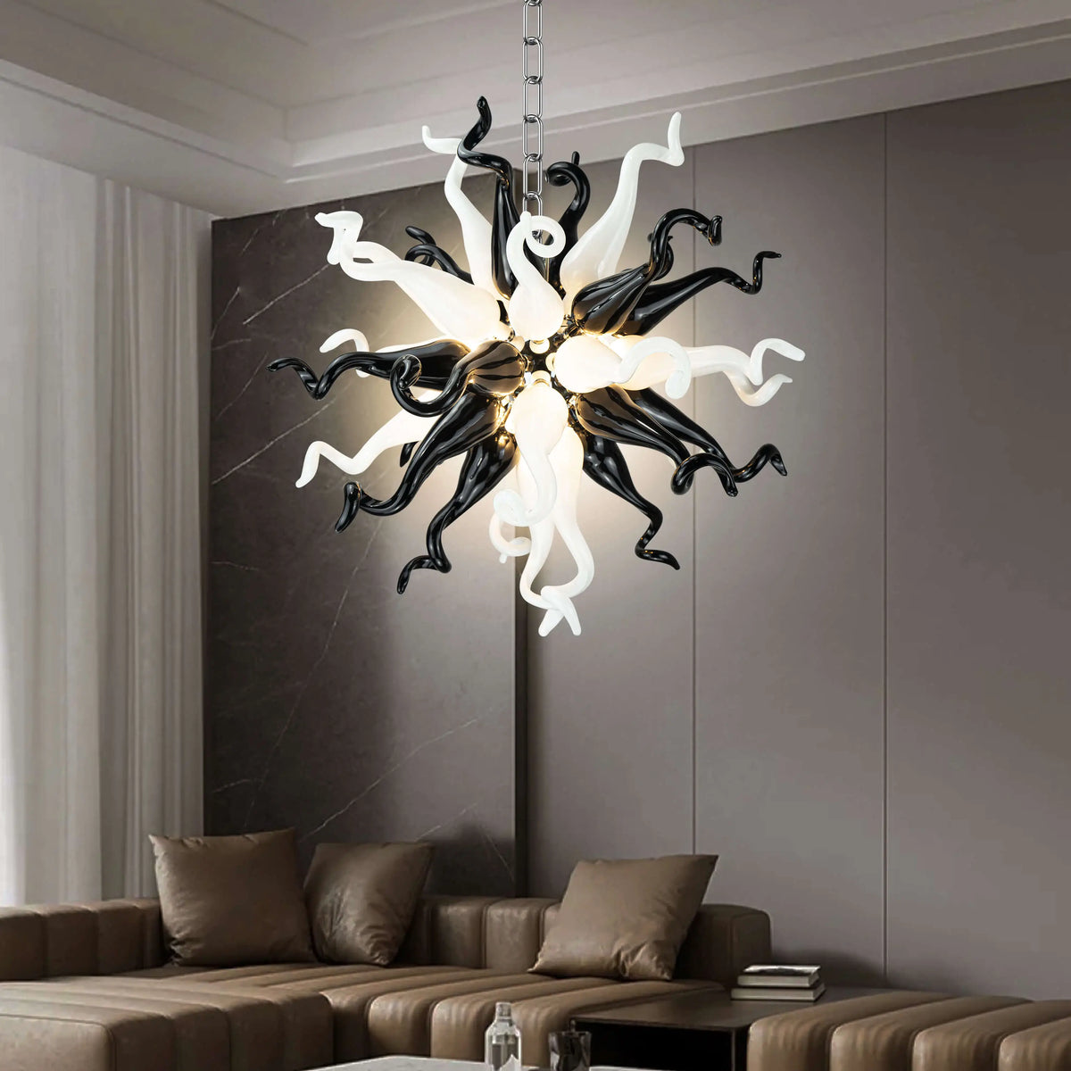 Black White Starburst Hand-Blown Glass Chandelier Small Sculptural Art Pendant Light