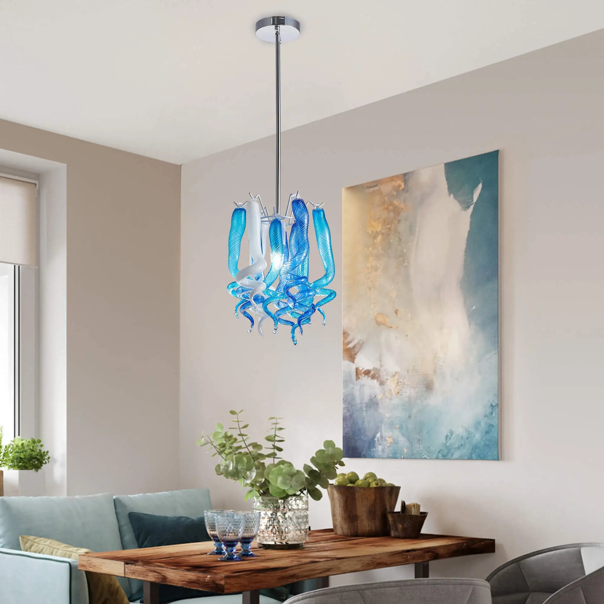 Small Modern Blue and White Hand-Blown Glass Pendant Light Artistic Spiral Chandelier for Contemporary Interiors
