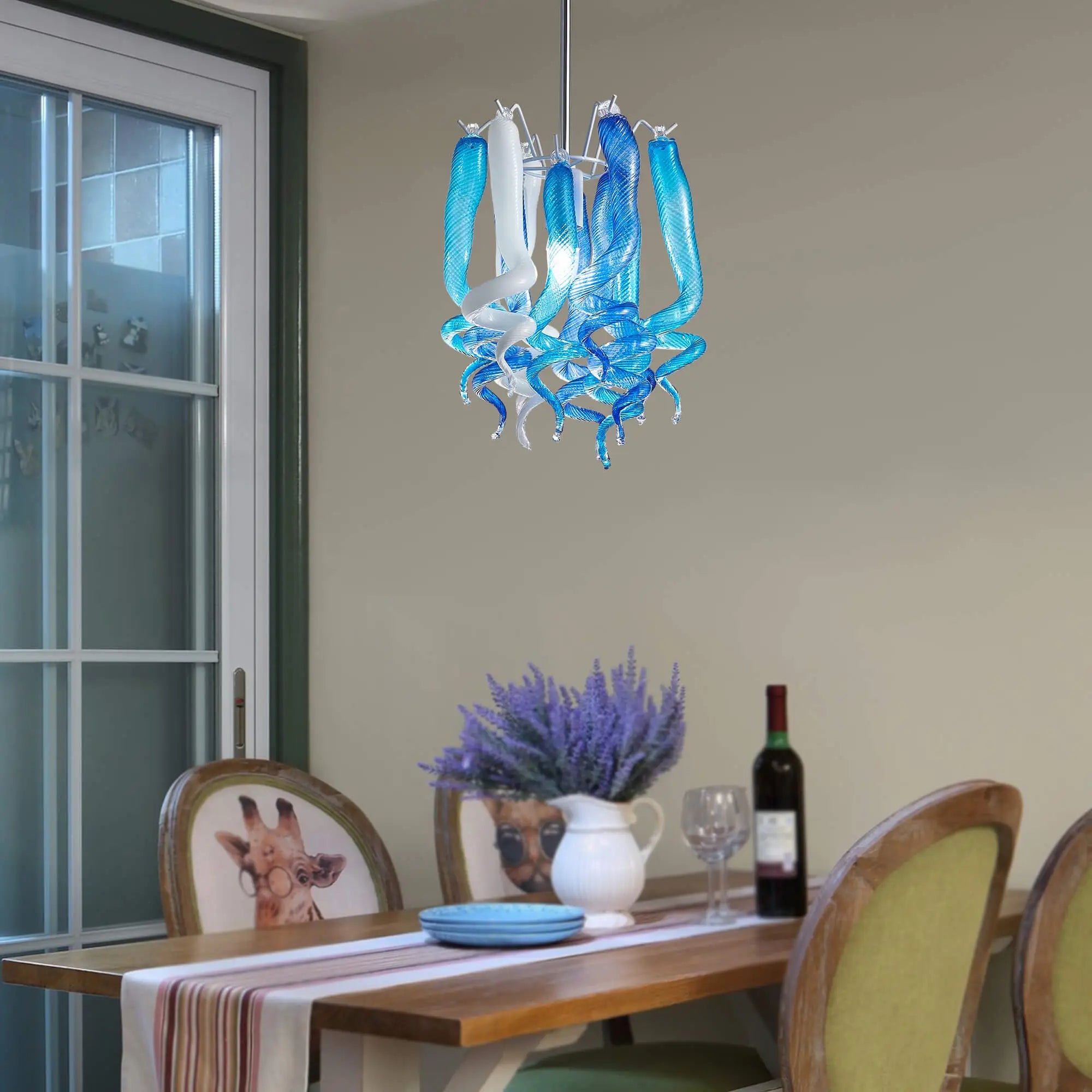 Small Modern Blue and White Hand-Blown Glass Pendant Light Artistic Spiral Chandelier for Contemporary Interiors