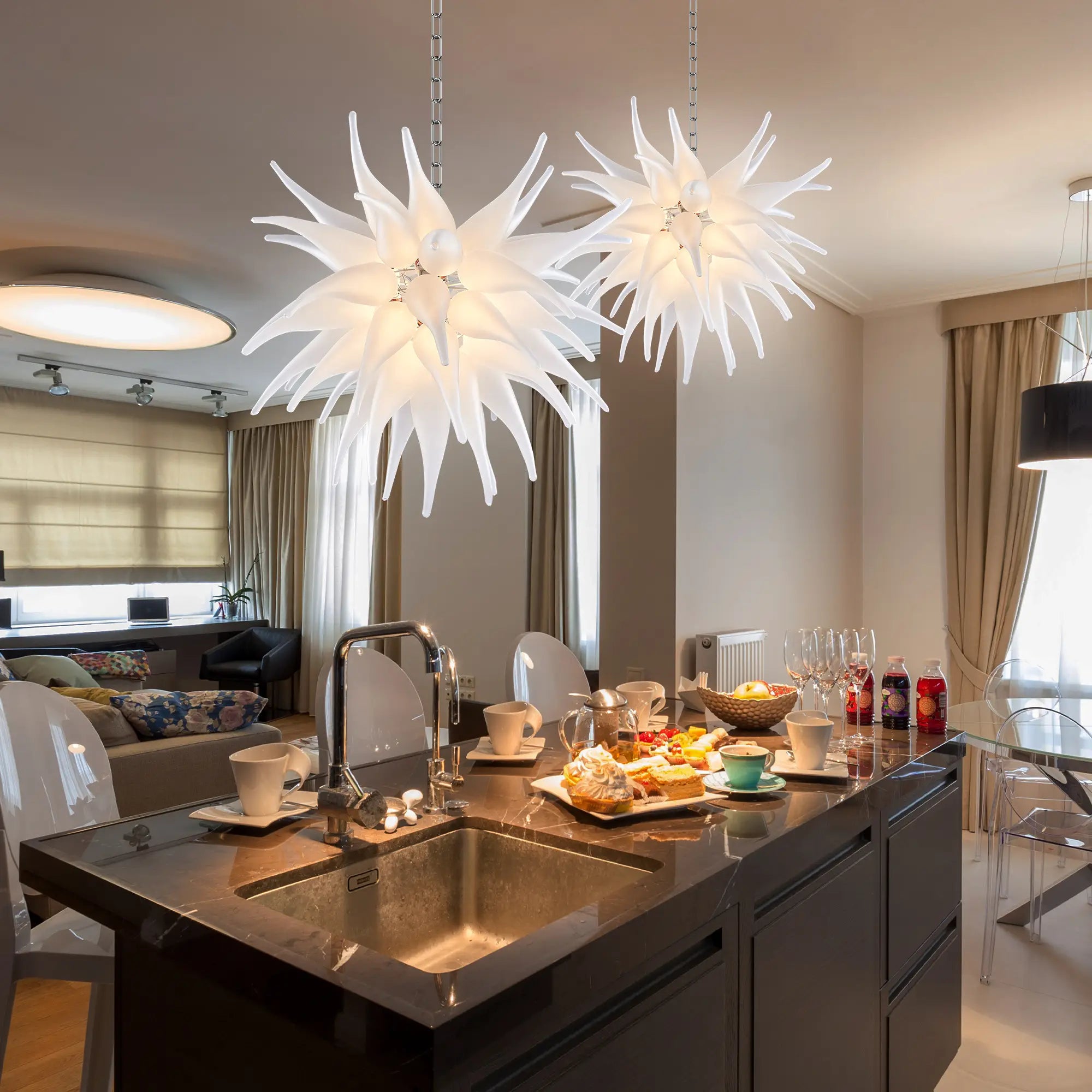 Artisan Hand-Blown White Stinger Glass Chandelier Modern Sculptural Pendant Light Fixture