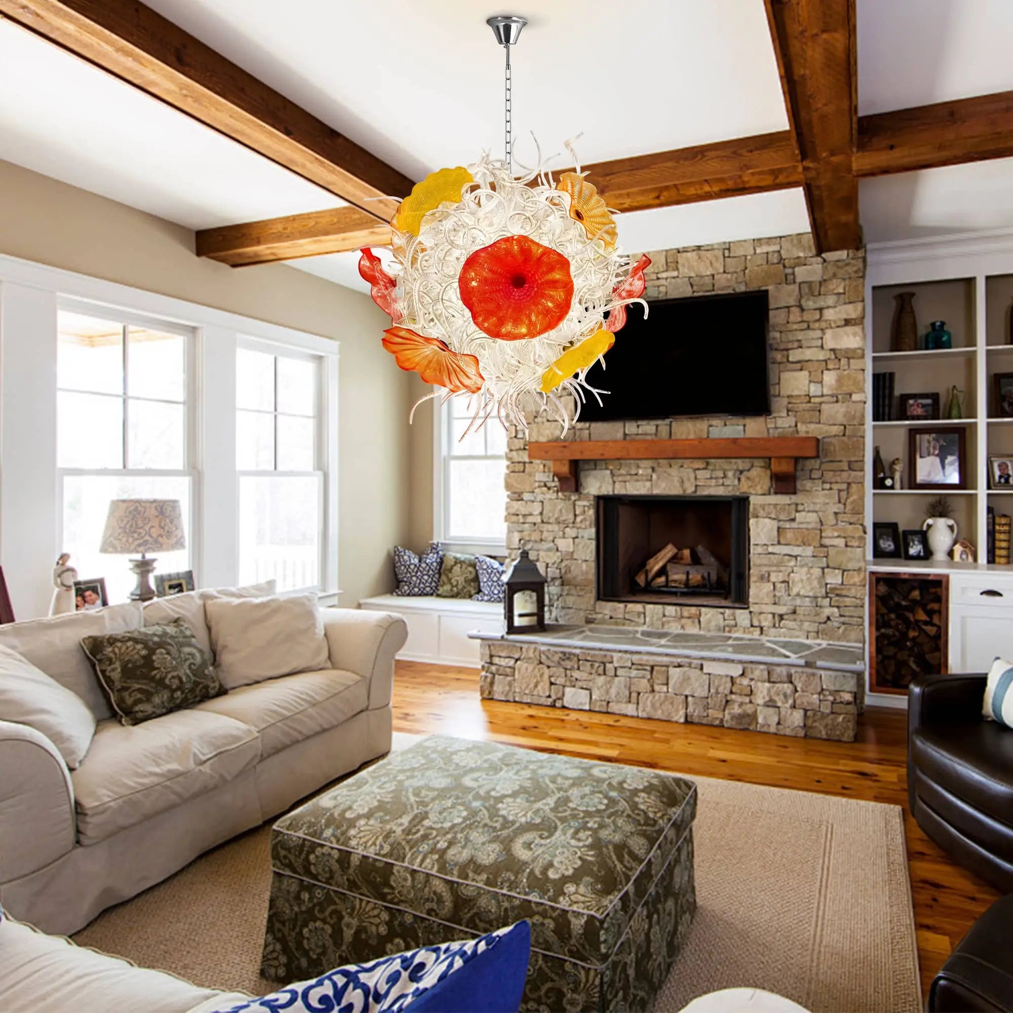 Modern Blown Clear Tendrils Glass Chandelier with Colored Lotus Leaf-shaped Glass Glass Plates Murano Style Pendant Light