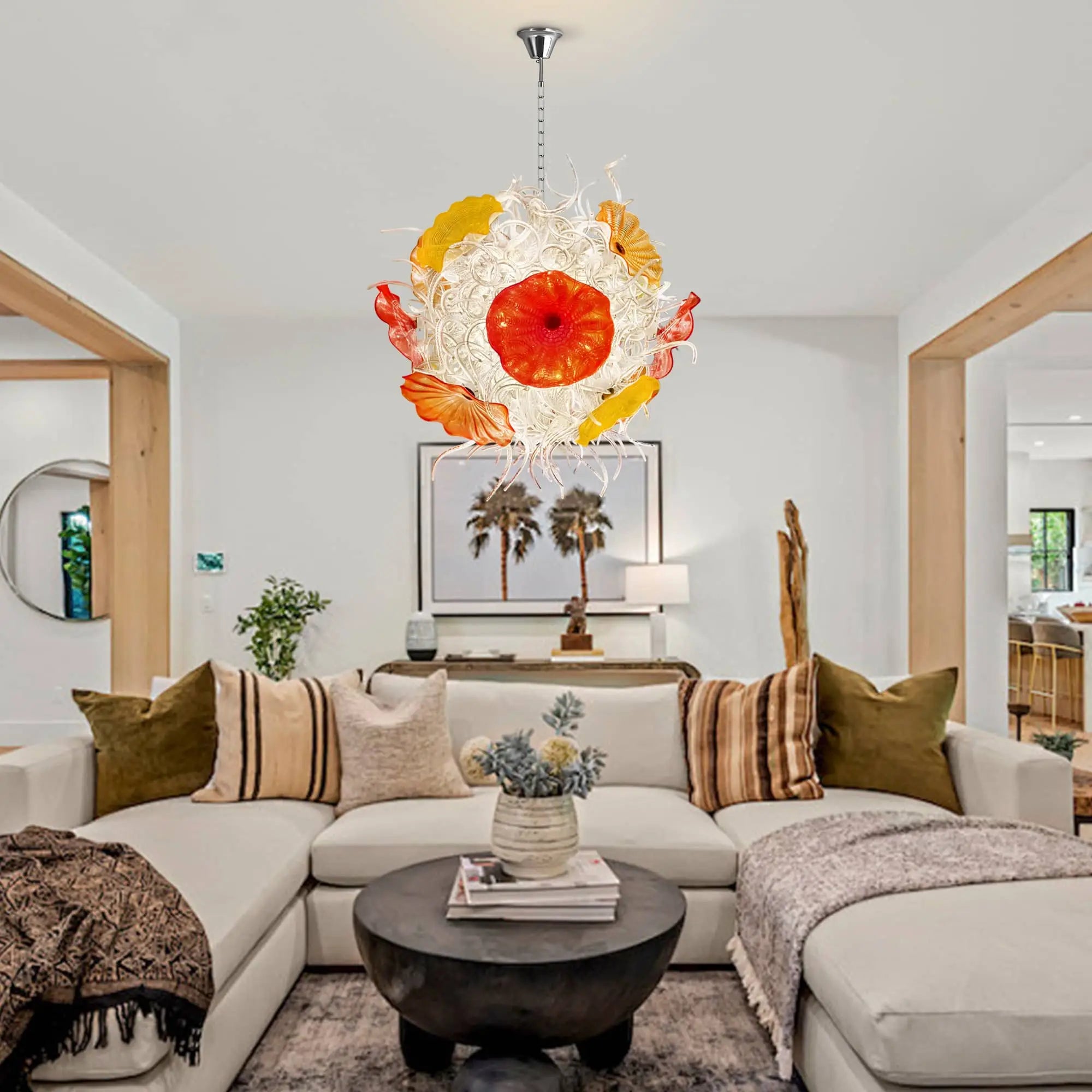 Modern Blown Clear Tendrils Glass Chandelier with Colored Lotus Leaf-shaped Glass Glass Plates Murano Style Pendant Light
