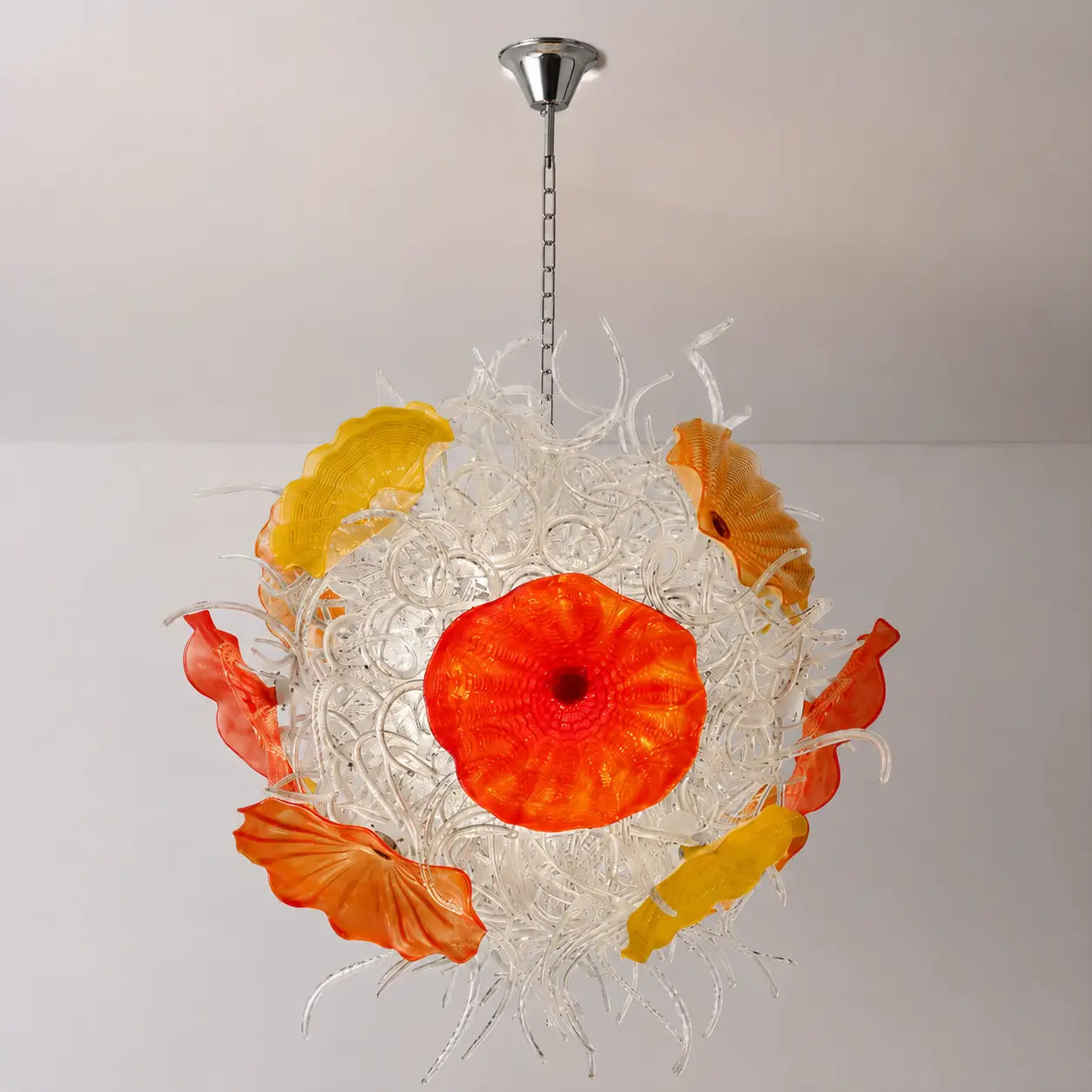 Modern Blown Clear Tendrils Glass Chandelier with Colored Lotus Leaf-shaped Glass Glass Plates Murano Style Pendant Light