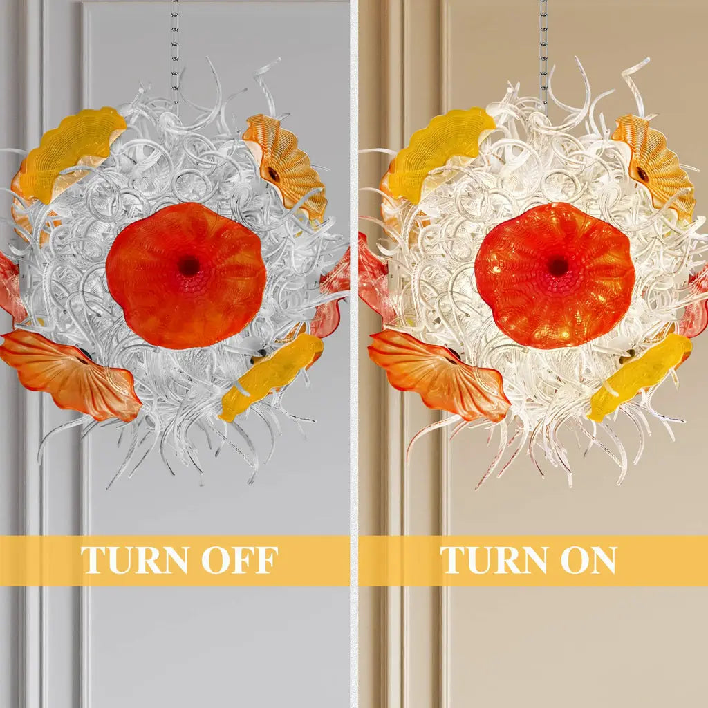 Modern Blown Clear Tendrils Glass Chandelier with Colored Lotus Leaf-shaped Glass Glass Plates Murano Style Pendant Light