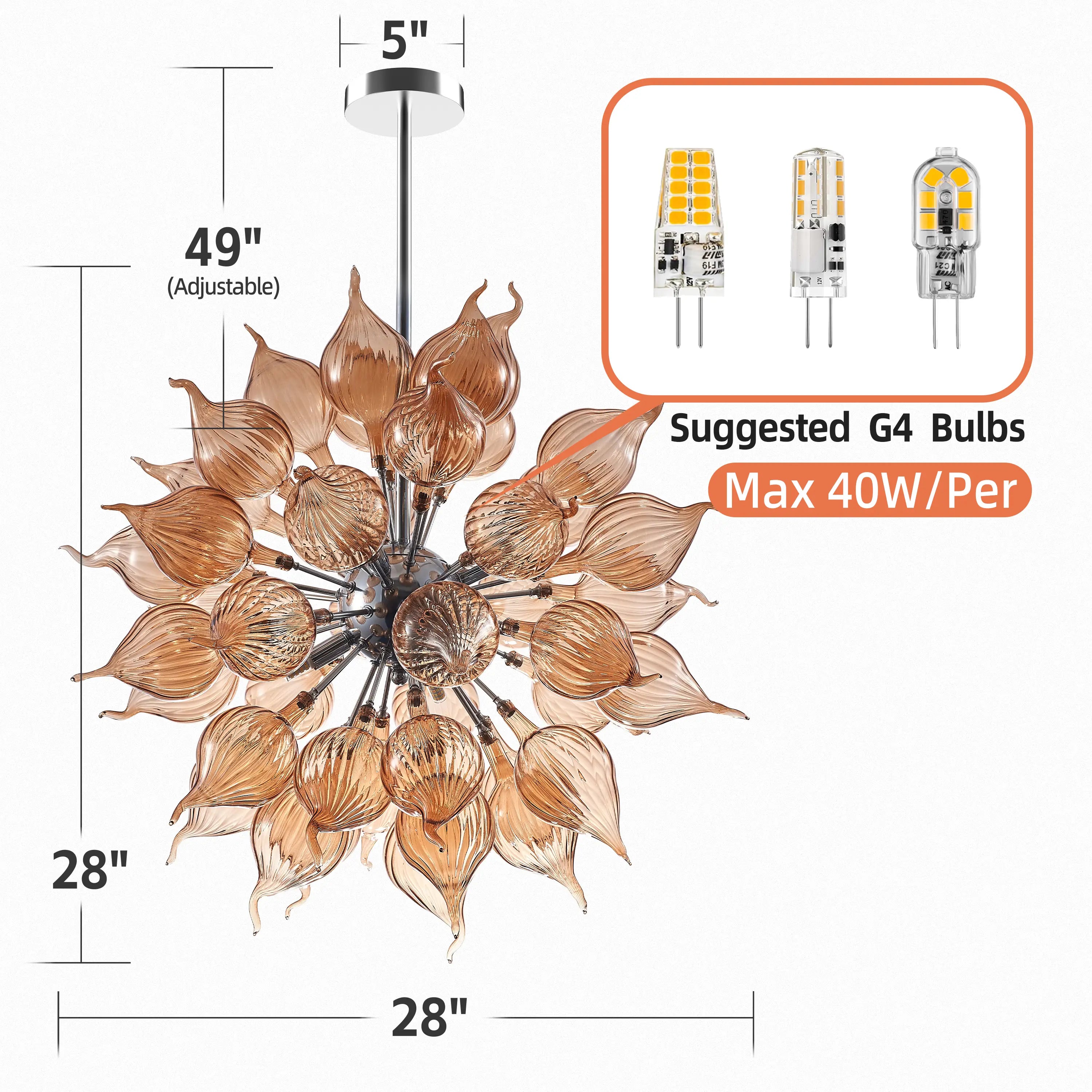 Modern Amber Sputnik Blown Glass Chandelier Starburst Pendant Light with Handcrafted Glass Petals