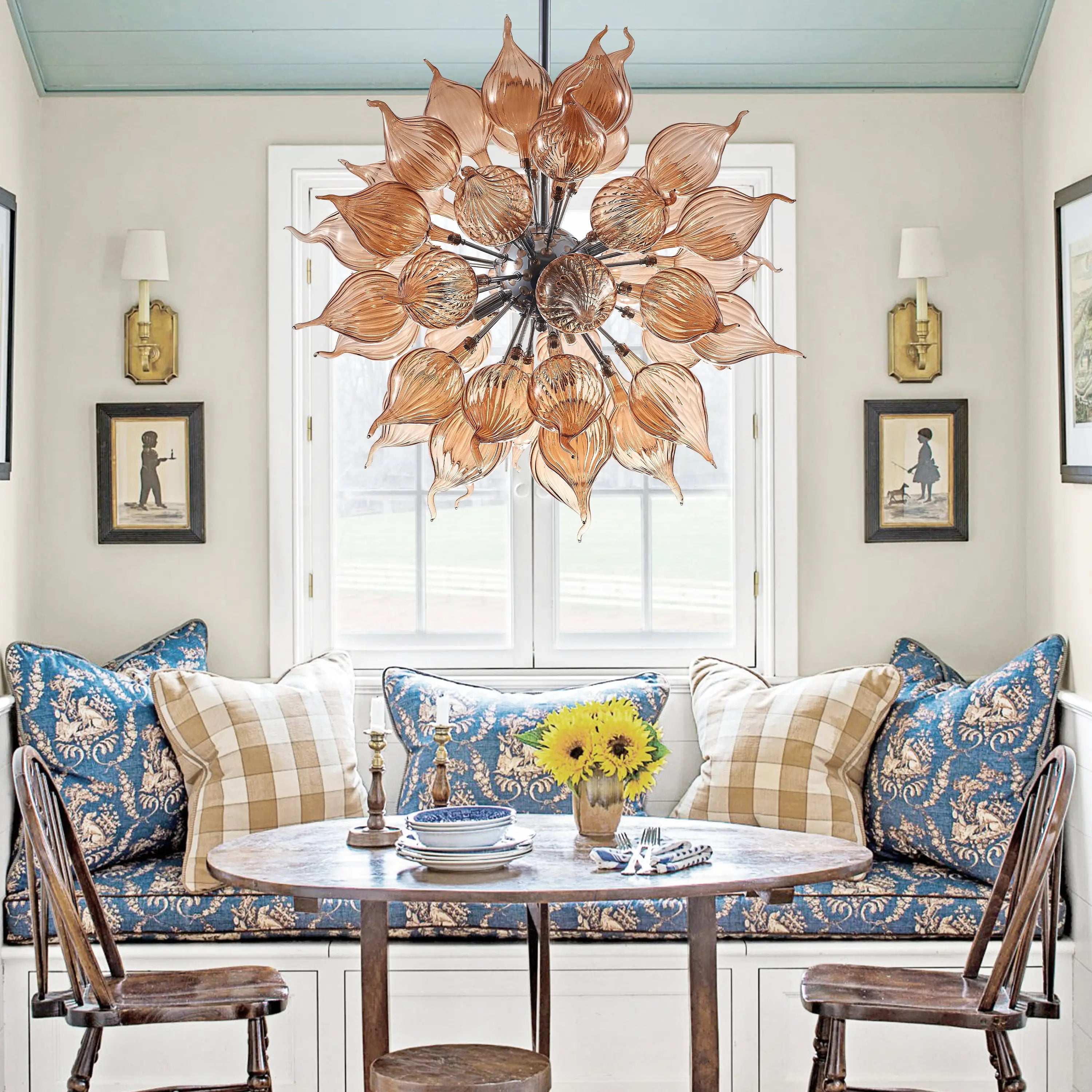 Modern Amber Sputnik Blown Glass Chandelier Starburst Pendant Light with Handcrafted Glass Petals