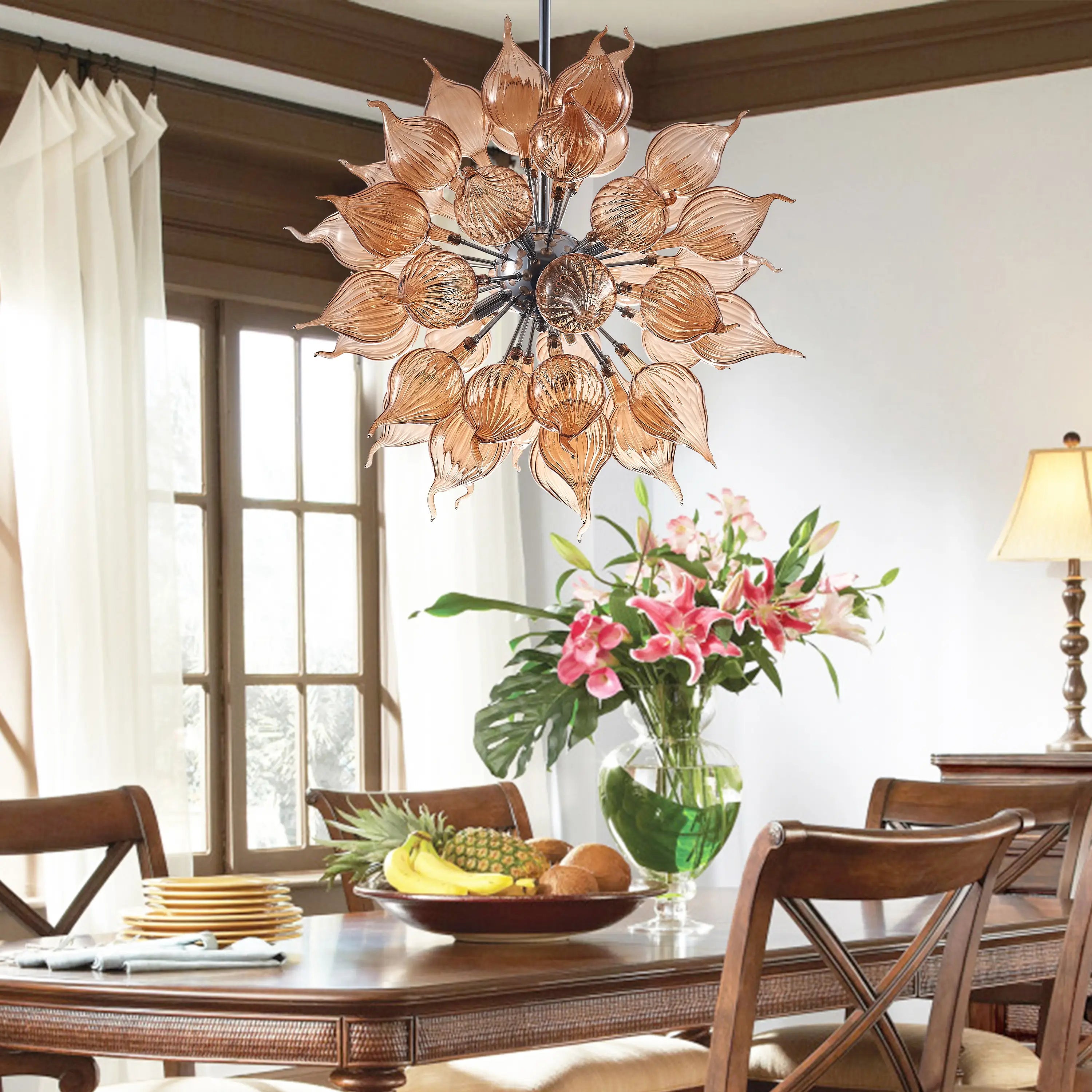 Modern Amber Sputnik Blown Glass Chandelier Starburst Pendant Light with Handcrafted Glass Petals