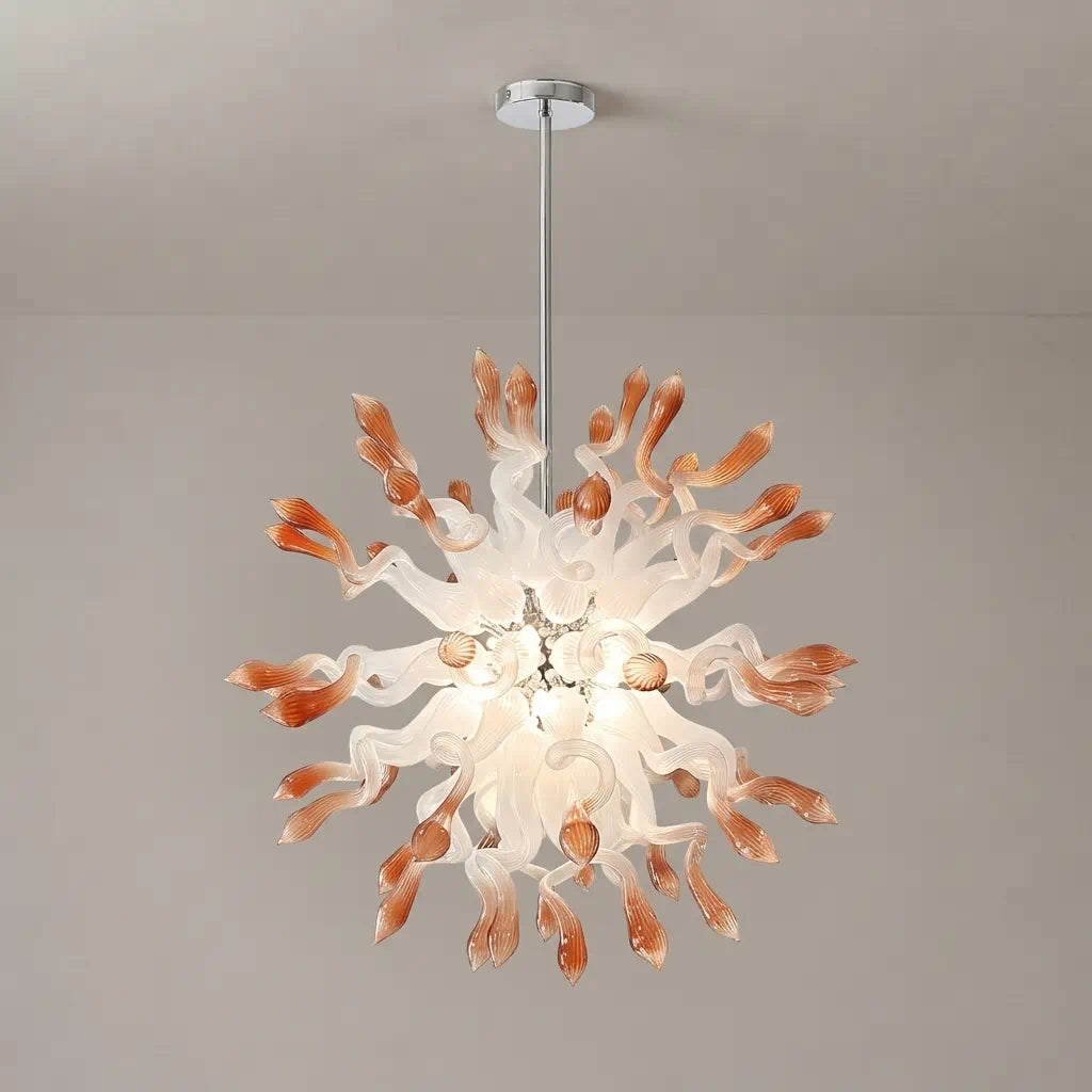 Coral Mist Hand-Blown Glass Chandelier Starburst Pendant Light White with Coral Tips