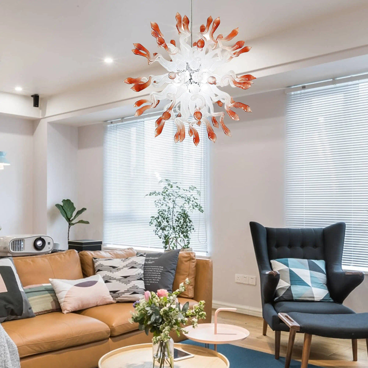 Coral Mist Hand-Blown Glass Chandelier Starburst Pendant Light White with Coral Tips