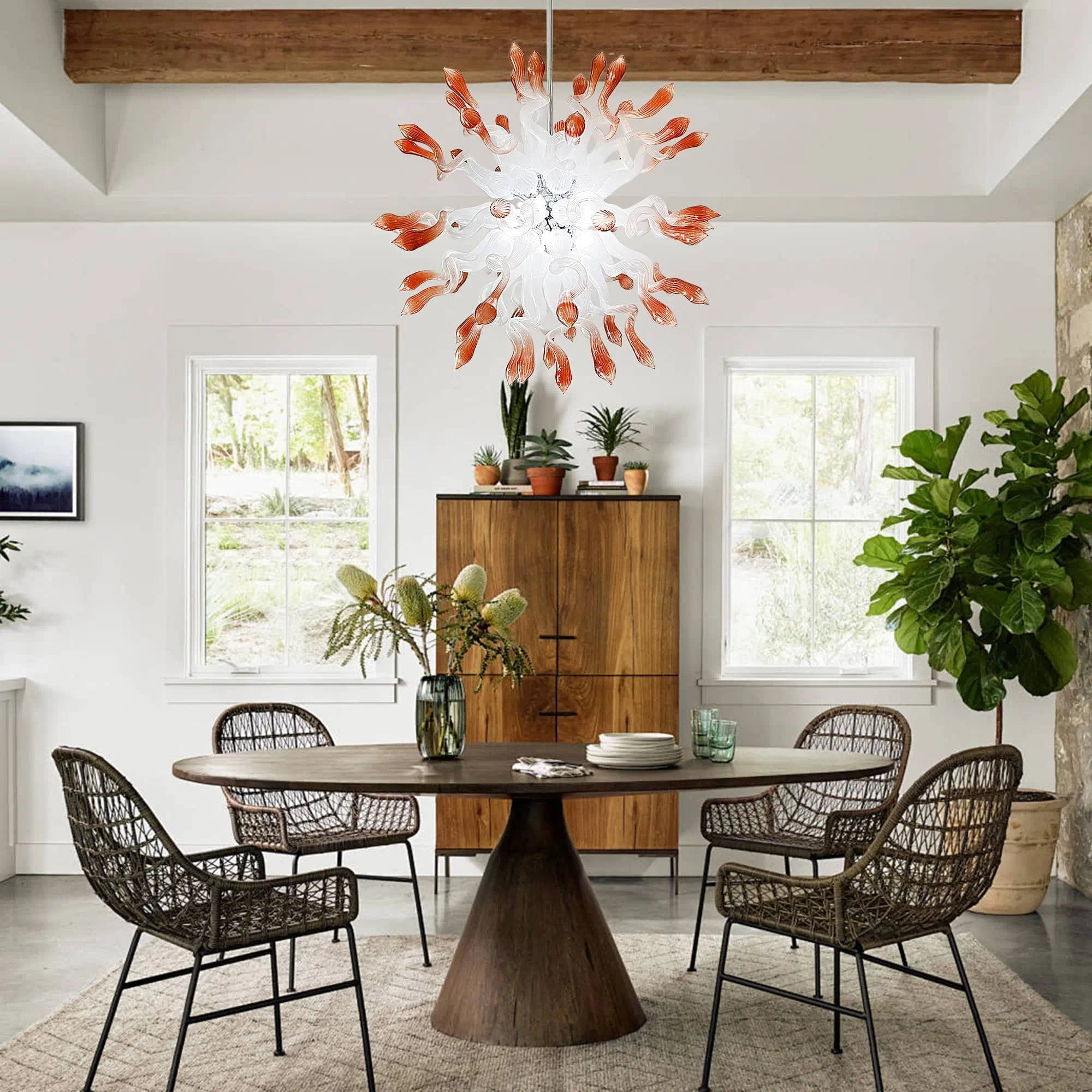 Coral Mist Hand-Blown Glass Chandelier Starburst Pendant Light White with Coral Tips
