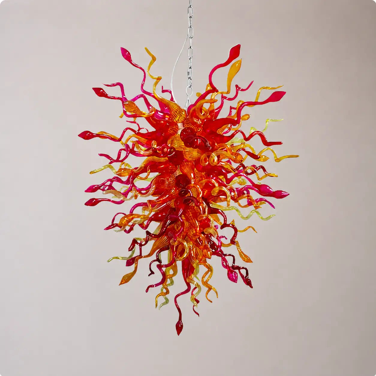 Sun Flare Red Amber and Violet Blown Glass Chandelier Chihuly-Style artistic sculptural Pendant Light